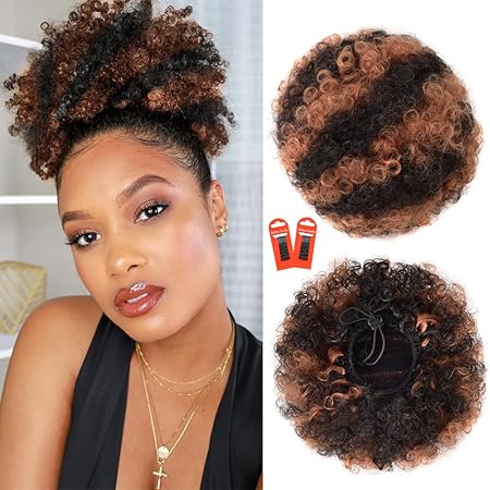 Afro Puff Drawstring Ponytail Extension for Black Women, Premium Black to Brown 80 Gram Short Synthetic Afro Puff Ponytail for Natural Hair, Clip on Kinky Drawstring Curly Ponytail Bun