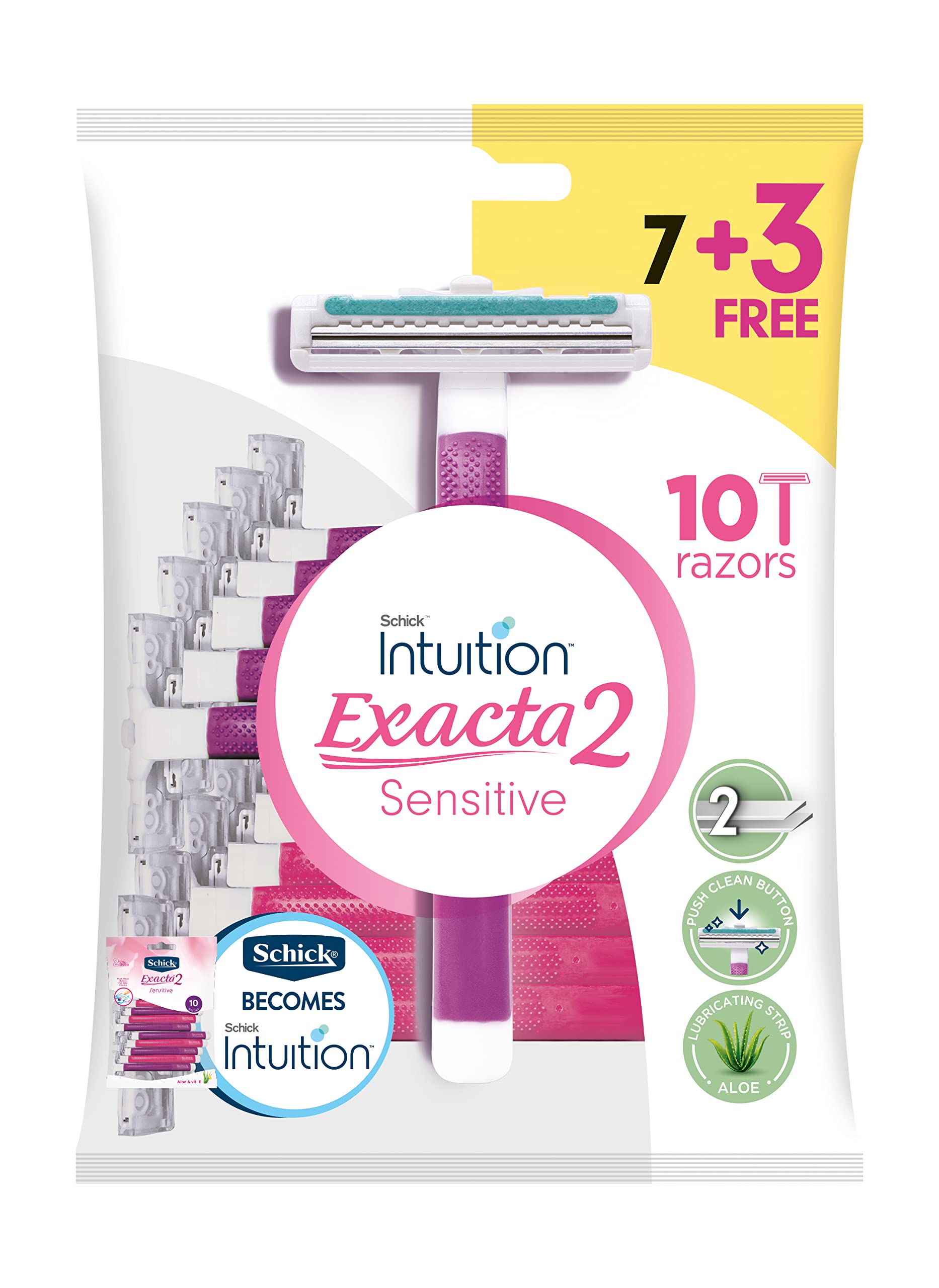 INTUITIONExacta2 Sensitive Disposable Razor for Women, 7+3 Pack,Suitable for Sensitive Skin, Ultra thin 2 Blades, Lubricating Strip with Organic Aloe + Vitamin E, Push Clean Button