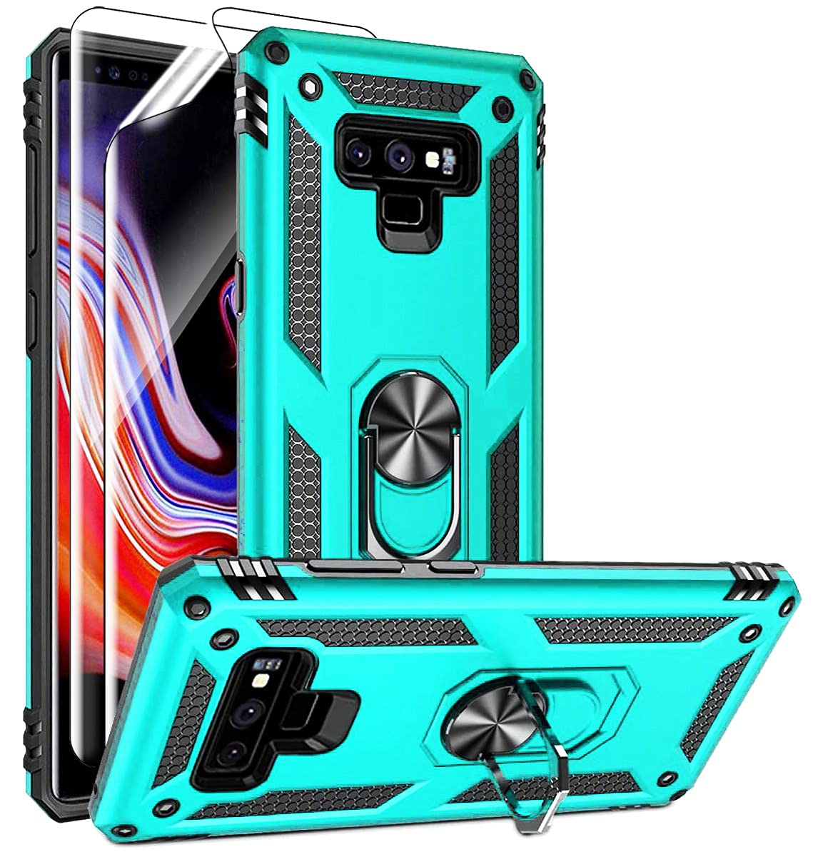 for Samsung Note 9 Phone Case, Galaxy Note 9 Case with 3D PET Screen Protector, Military-Grade Ring Holder Kickstand Car Mount 15ft Drop Tested Shockproof Cover Case for Galaxy Note 9,Teal