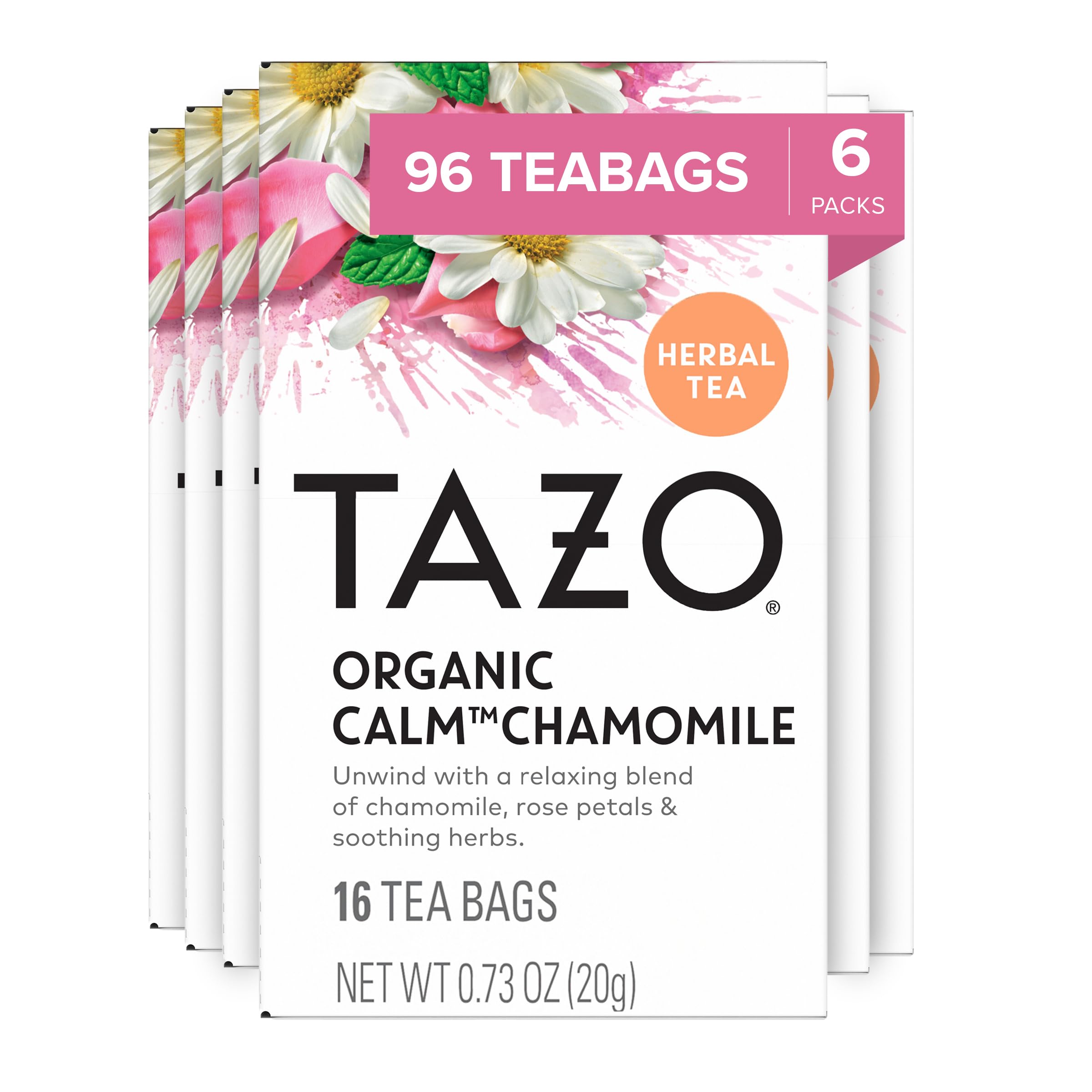 TAZOCalm Chamomile Herbal Tea Bags, Caffeine-Free, 96 Total Tea Bags (16ct - Pack of 6)