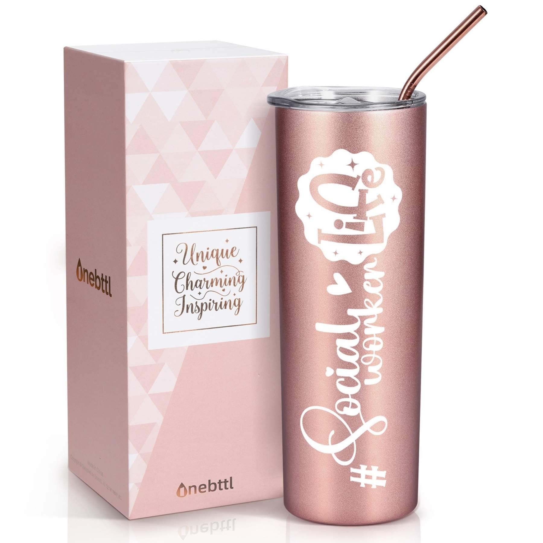 Onebttl Social Worker Gifts For Women - Social Worker Life - 20oz/590ml Stainless Steel Insulated Tumbler with Straw - Social Work Month, Appreciation, Graduation Gifts for BSW, MSW, DSW-(Rose gold)