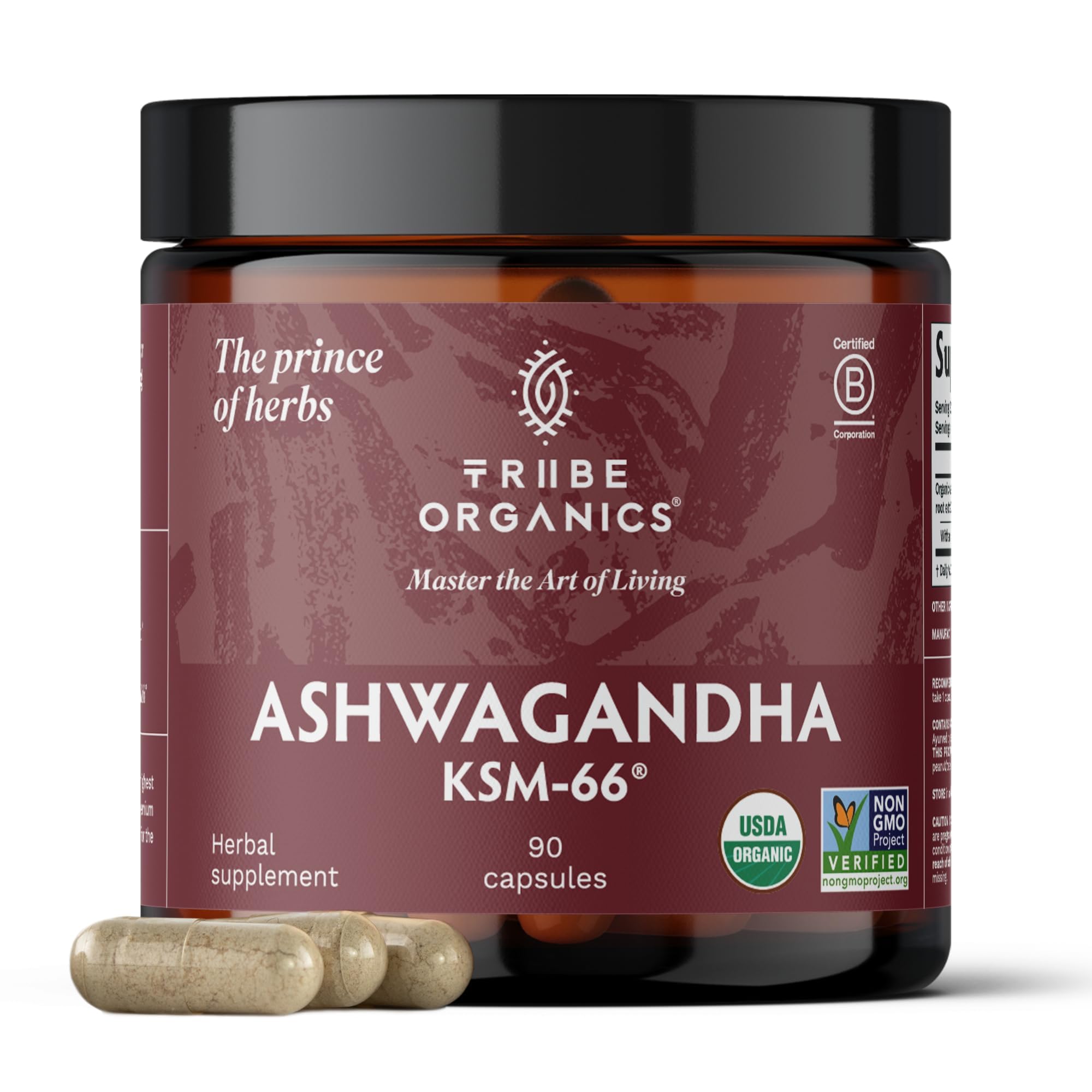 TRIBE ORGANICS Ashwagandha KSM 66 Pure Organic Root Powder Extract Ayurvedic Supplement - Focus Mood Support Increase Energy Strength 600mg of Natural KSM66 for Superior Absorption - 90 Capsules