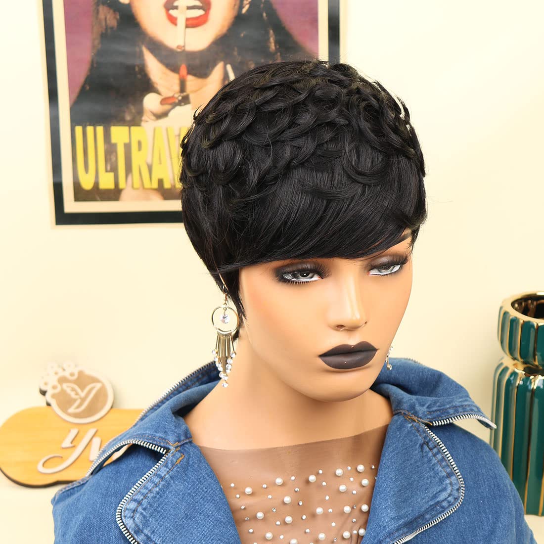 Short Human Hair Wigs for Black Women Glueless Pixie Wig Human Hair Black Curly Wigs with Bangs Pixie Curly Glueless Wig 1B Color