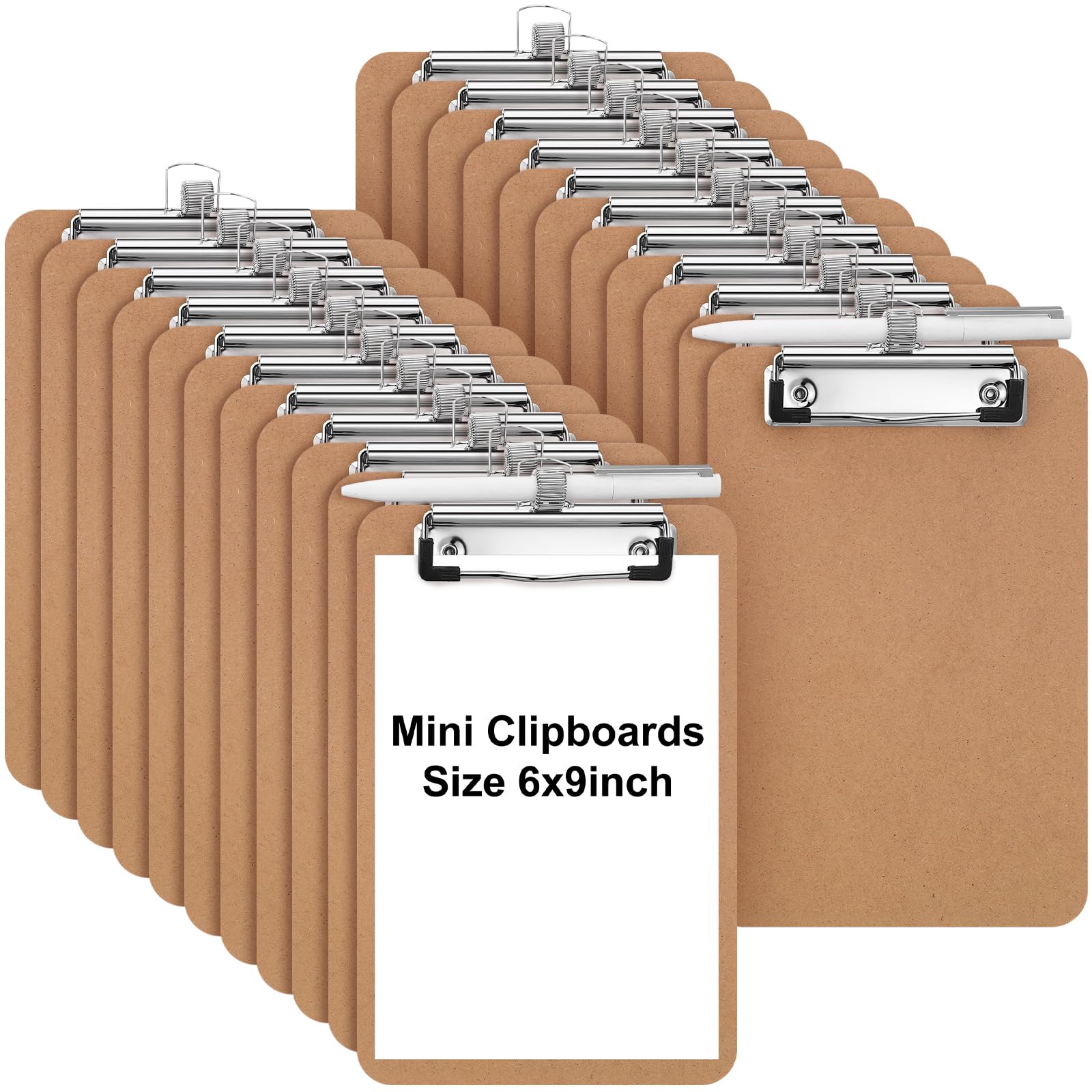 Sabary 24 Pack Wood Clipboards with Pen Holder Bulk 6x9 Mini Clipboard A5 Small Clipboards Memo Size Heavy Duty Hardboard Clip Board with Hang Tab for Office Classroom Supplies (Pen not Included)