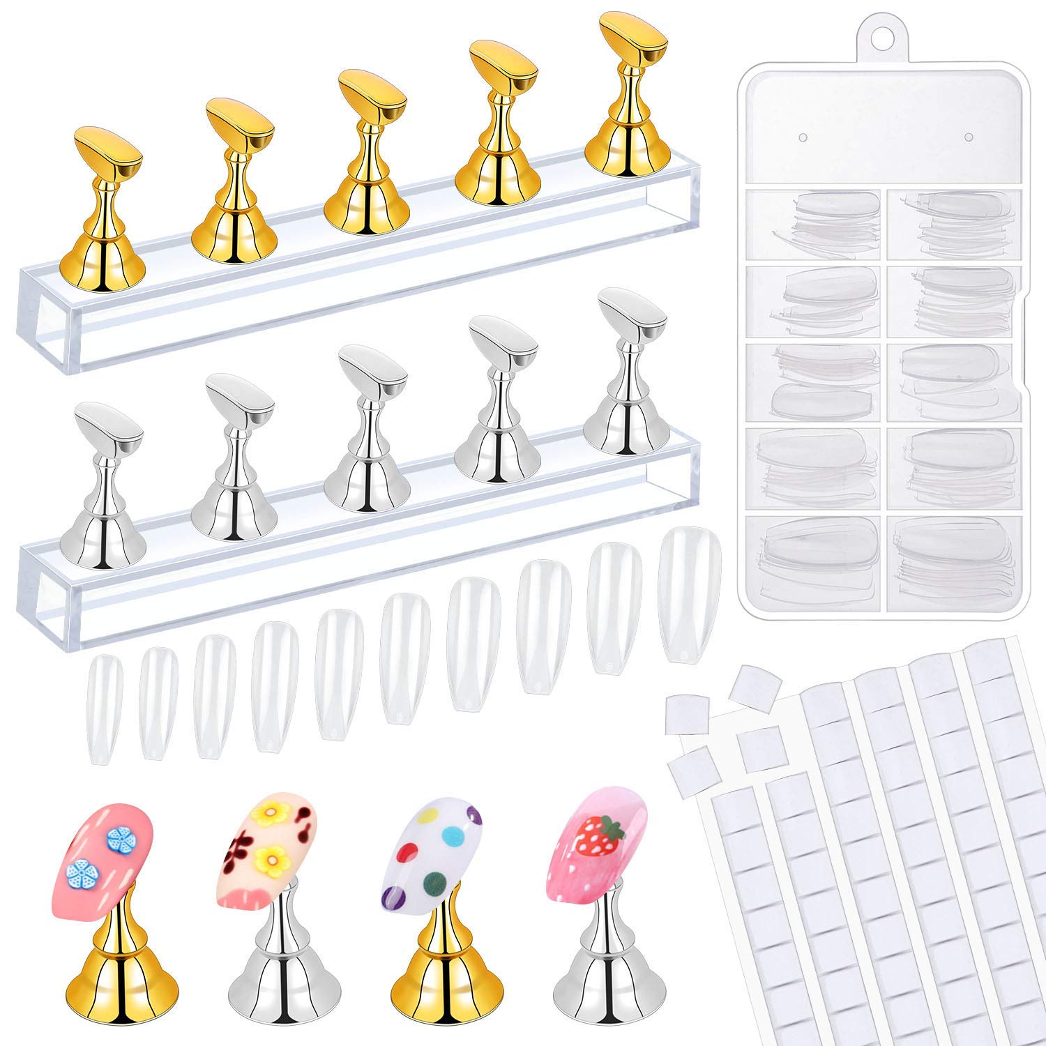 SeeWonder2 Sets Acrylic Nail Art Holder Magnetic Practice Display Stand with 96Pcs White Reusable Adhesive Putty and 100Pcs Acrylic Coffin Fake Nail Tips for Nail Art Salon DIY and Practice Manicure