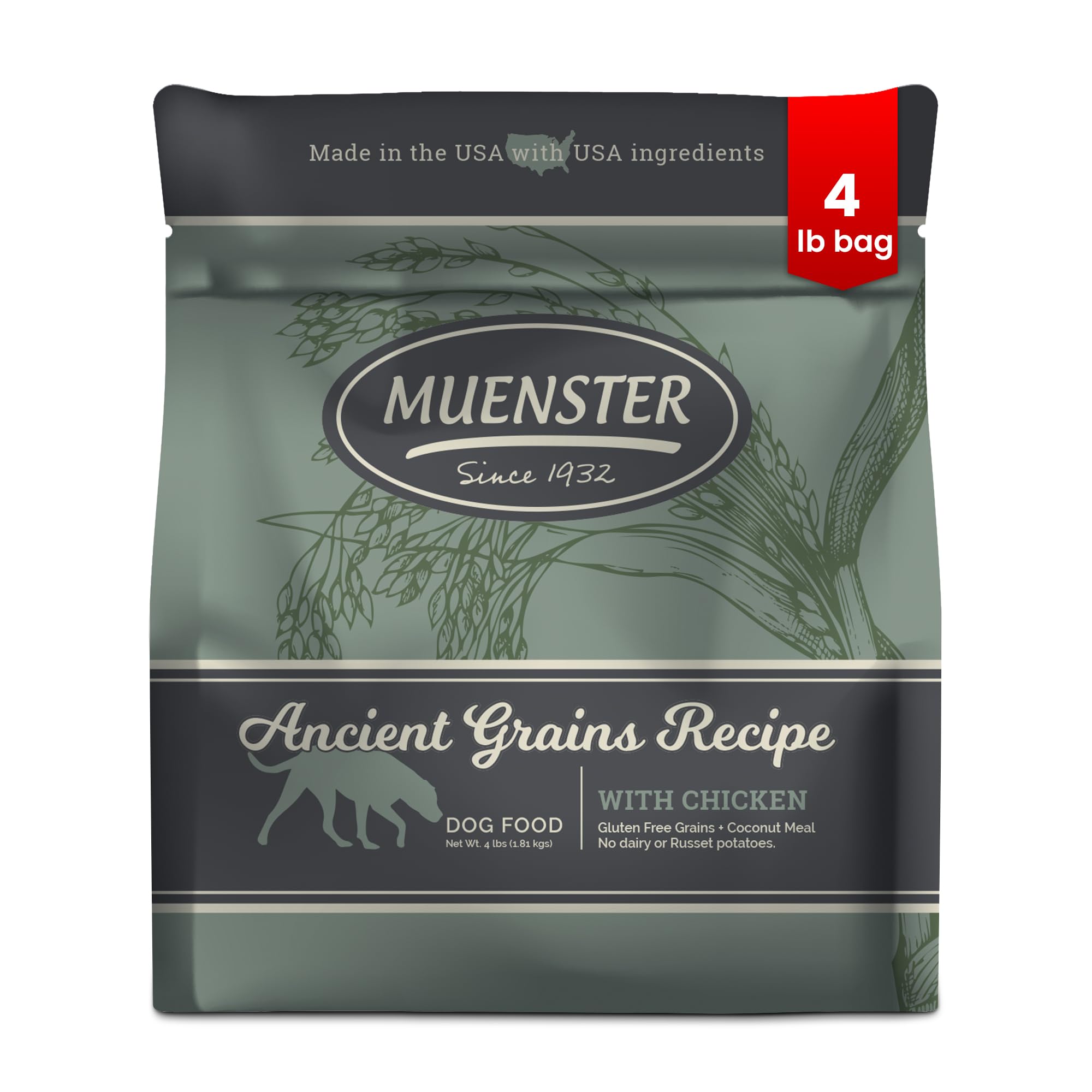 MuensterAdult Dry Dog Food, Small Breed, Large Breed - 4lb Bag Ancient Grain w/Chicken - Little Bites – Gluten Free, Non-GMO High Protein Dog Food - Soft & Healthy Digestive Dog Kibble