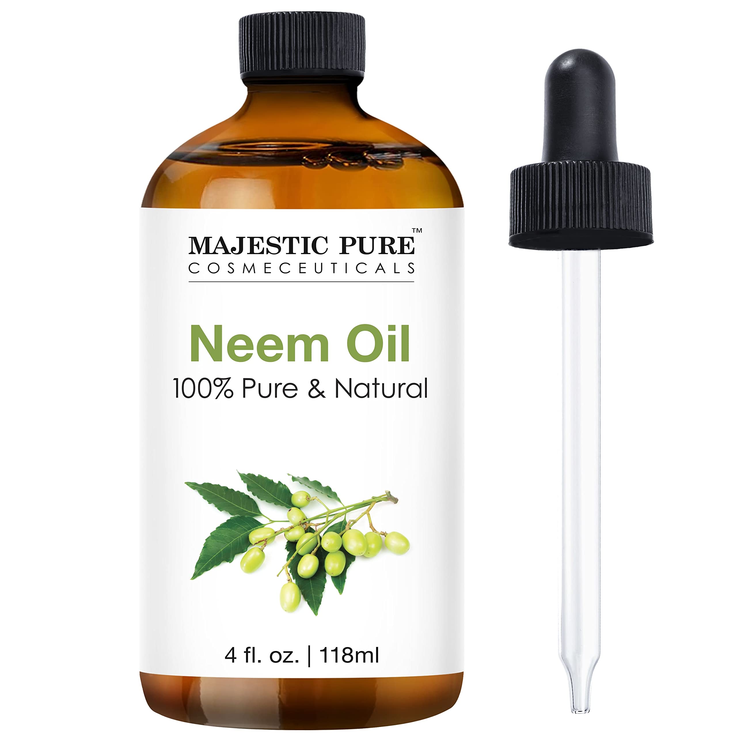 MAJESTIC PURENeem Essential Oil | 100% Pure and Natural Neem Oil Spray for Plants, Outdoor Plants, Hair Care, Home Diffusers, Skin, Aromatherapy, Massage and Humidifiers | 4 Fl Oz