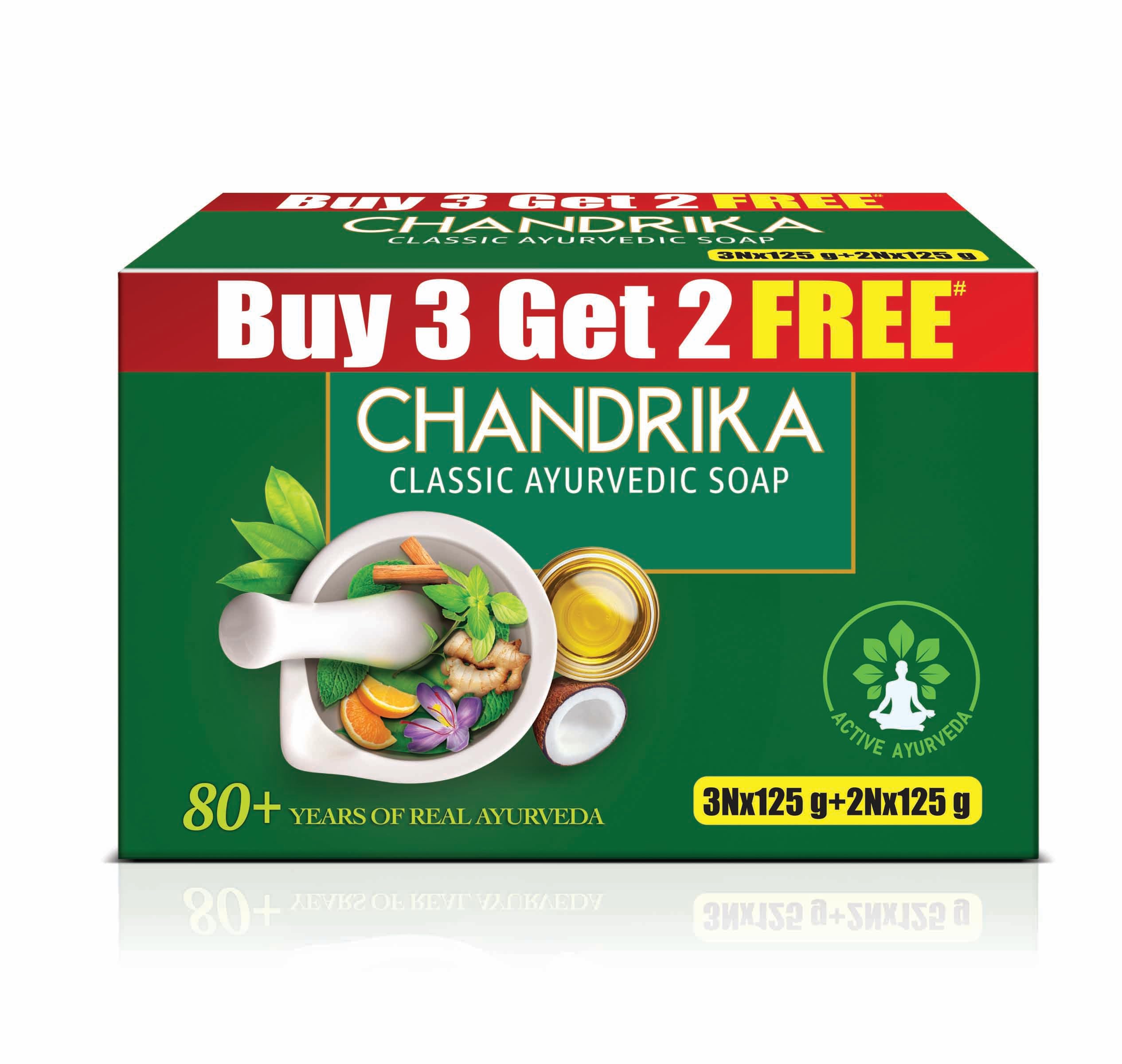 Chandrika Ayurvedic Soap Classic| Handmade Soap for Naturally Radiant Skin| For All Skin Types| 125g (Pack of 3) + 2x125g Soap Free