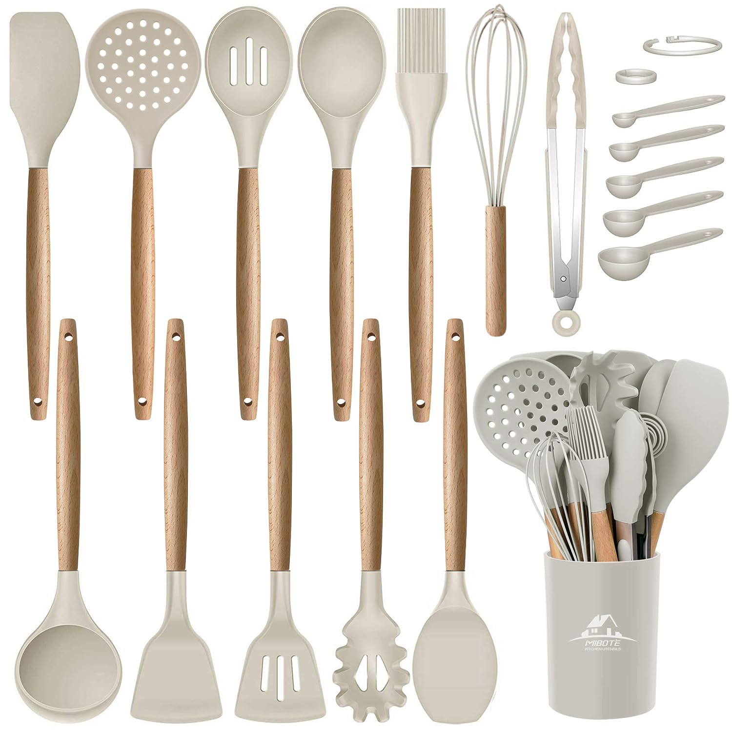 MIBOTE Silicone Cooking Kitchen Utensils Set with Holder, Wooden Handles BPA Free Non Toxic Silicone Turner Tongs Spatula Spoon Kitchen Gadgets Utensil Set for Nonstick Cookware (Khaki)