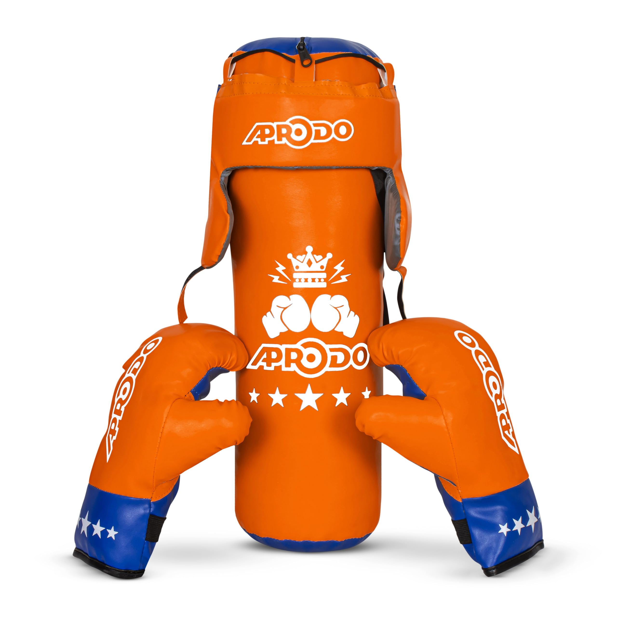 APRODO Kids Boxing Kit Set | Pack of 4 (Boxing Gloves, Head Guard & Punching Bag) | Great for Age 3, 4, 5, 6, 7, 8 Years Girls & Boys (Orange-Blue)