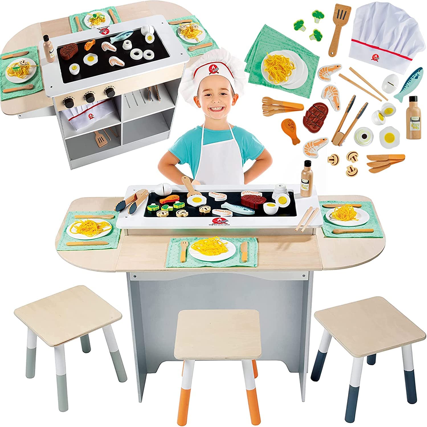 Hibachi Grill Wooden Kids Playset w Stools, Table Settings & Over 25 Toy Food Pieces- Noodles Tongs Meats Veggies- Everything a Little Chef Needs for Pretend Play Indoor Japanese Restaurant, Xmas Gift