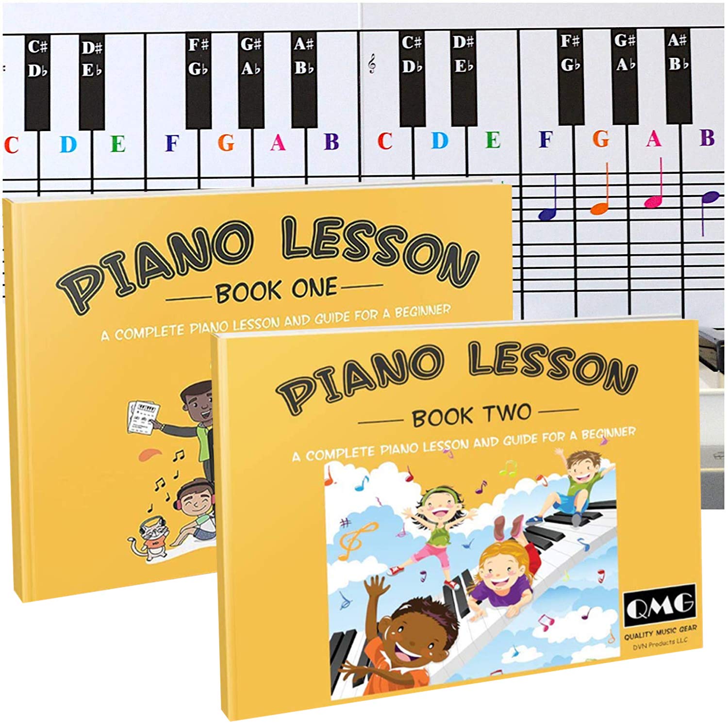 QMG Piano and Keyboard Note Chart and Complete Color Note Piano Music Lesson and Guide Book 1 and Book 2 for Kids and Beginners; Designed and Printed in USA