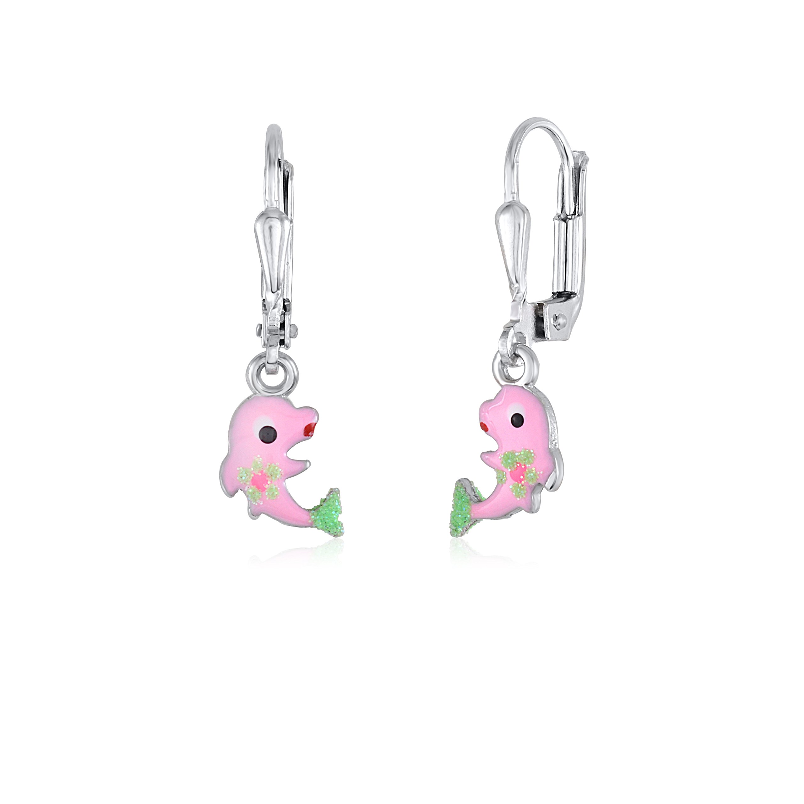 UNICORNJ Sterling Silver 925 Childrens Kids Cute Dolphin Earrings Leverback with Enamel Italy