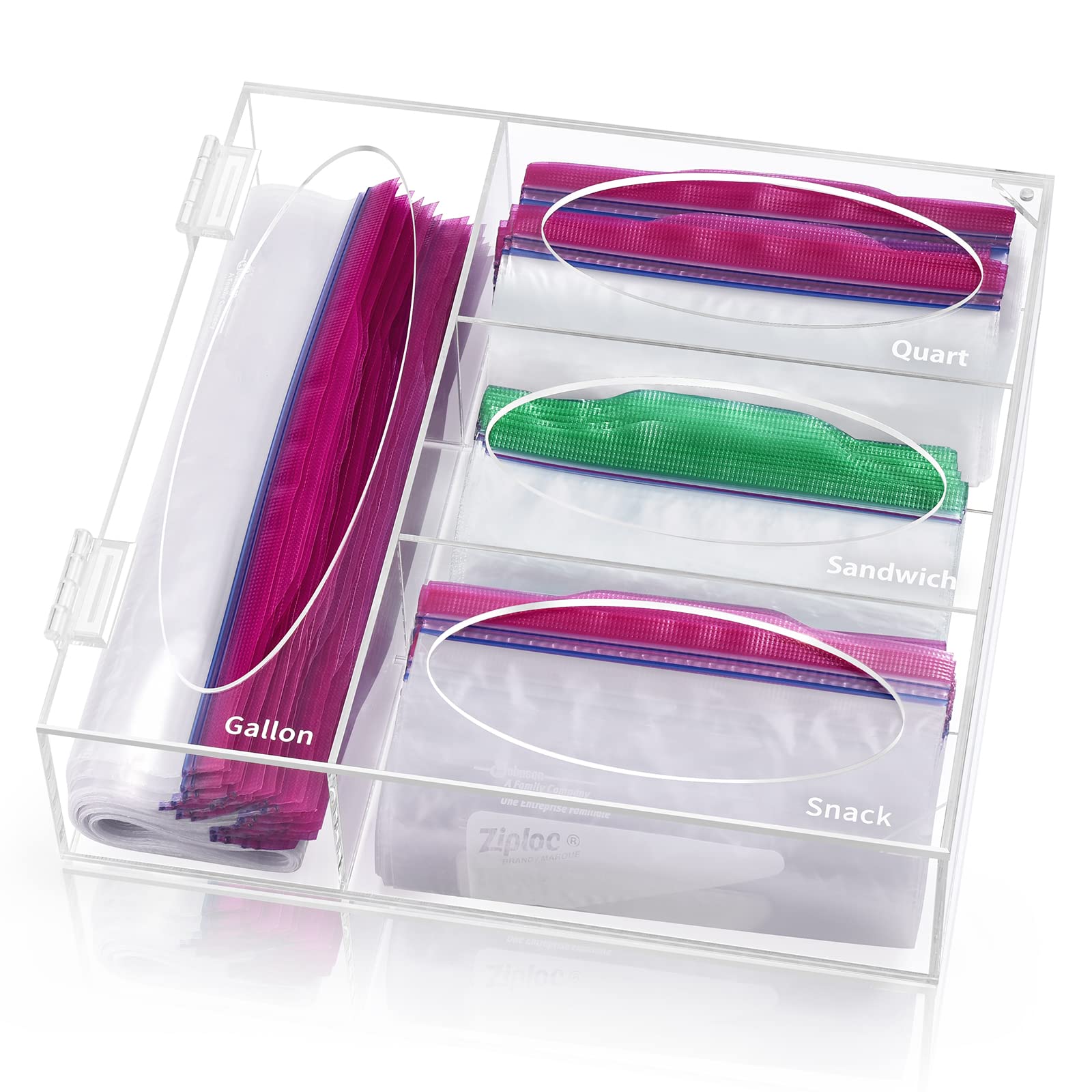 Ziplock Bag Storage Organizer for Kitchen Drawer, Acrylic Baggie Organizer, Zip Lock Bag Dispenser Holder for Gallon, Quart, Sandwich and Snack, Compatible with Ziploc, Solimo, Glad, Hefty,Great Value