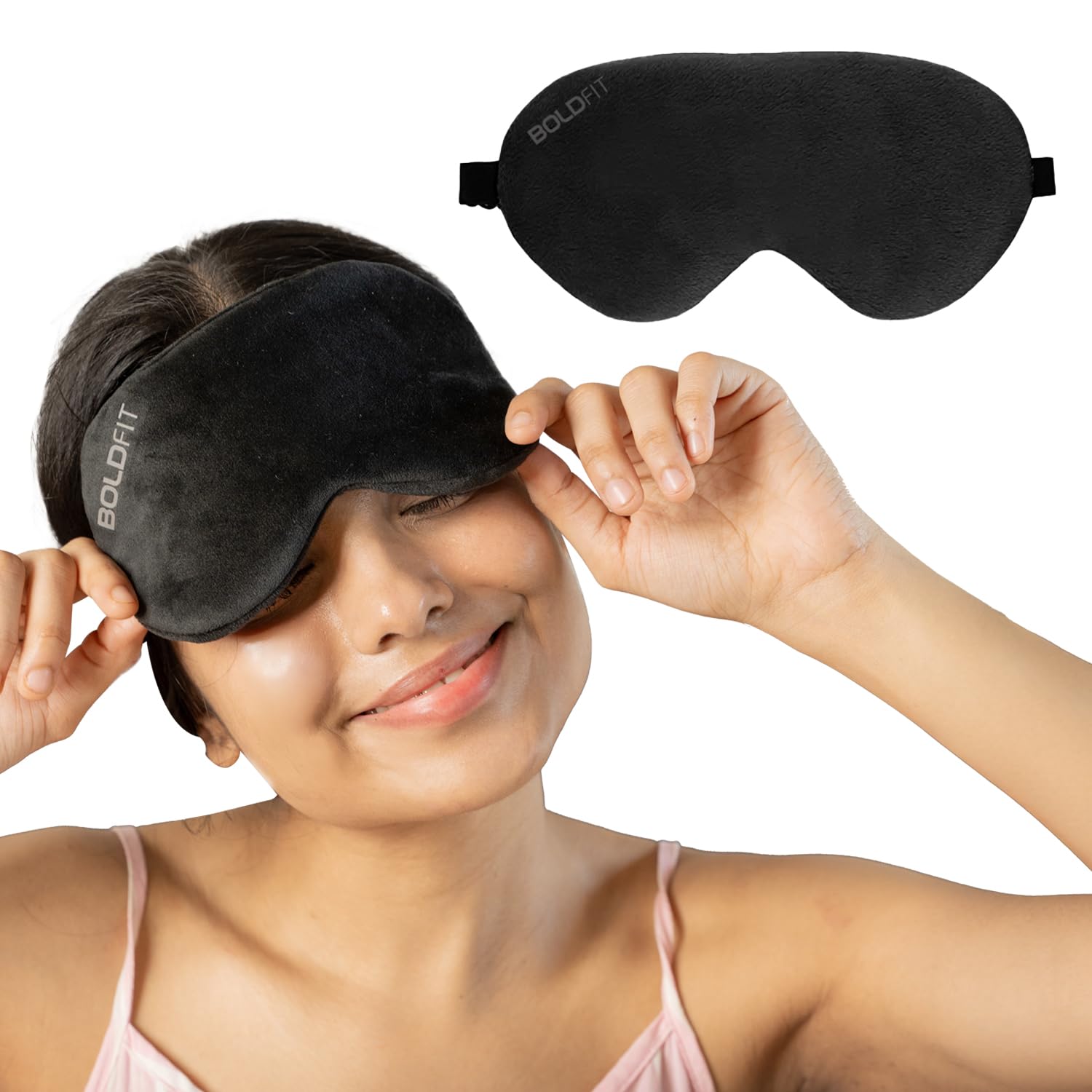 Boldfit Eye Mask for Sleeping with Adjustable Strap Super Soft Sleeping Mask Blind Fold for Comfortable Sleep Travelling Sleep Mask Pad for Girls - Black, Silk