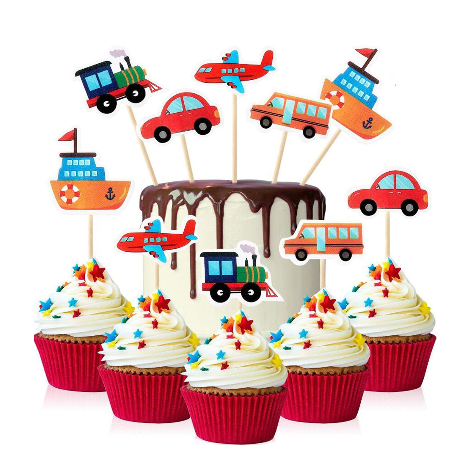 30 Piece Transportation Cupcake Toppers Car Bus Train Airplane Ship Cupcake Picks Party Cake Toppers for Baby Shower Birthday Party Decorations