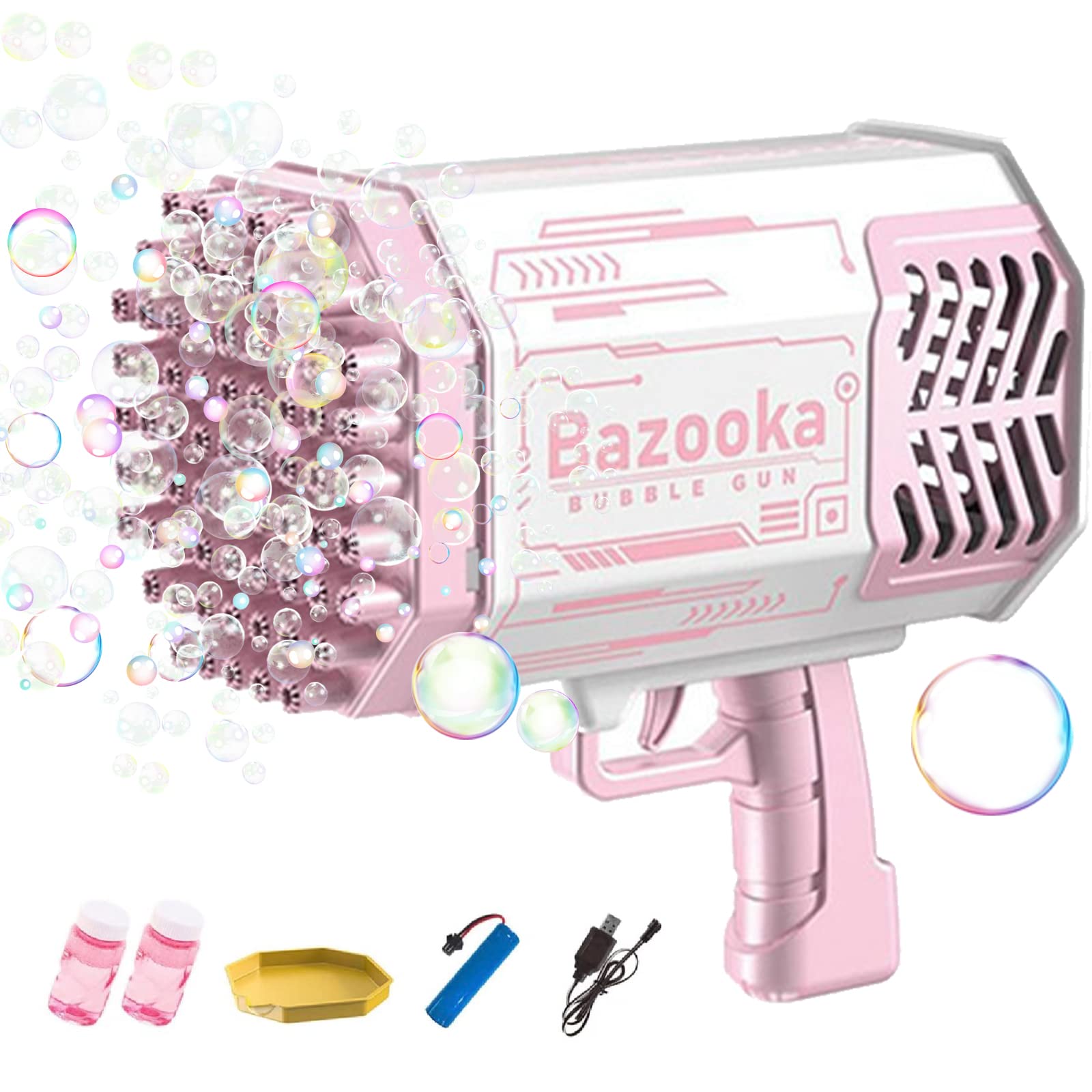 Bubble Gun, 69 Holes Large Bubble Machine Rocket Launcher with Colorful Lights, Bubble Machine Guns Summer TIK Tok Toy Gift for Outdoor Indoor Birthday Wedding Party (Pink, Short)