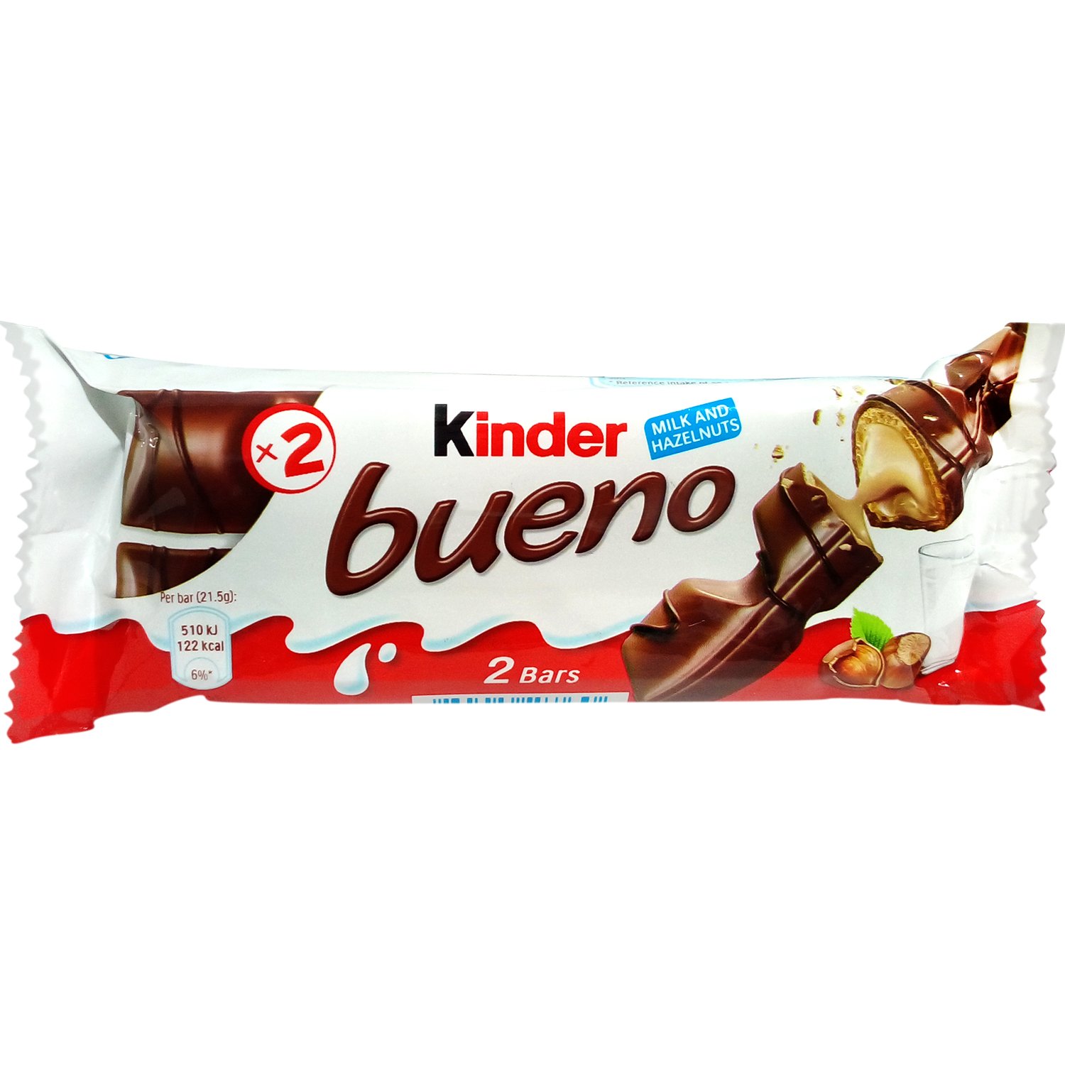 Kinder Bueno Chocolate Bar - Milk and Hazelnuts, 43g Pack