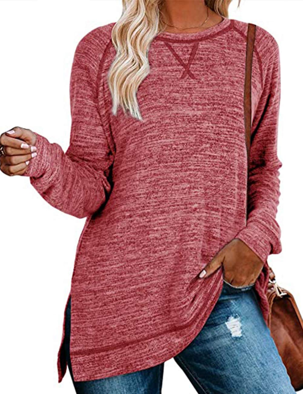 MUCOOWomen's Casual Crewneck Long Sleeve Sweatshirt Striped Tunic Lightweight Pullover Tops with Pockets