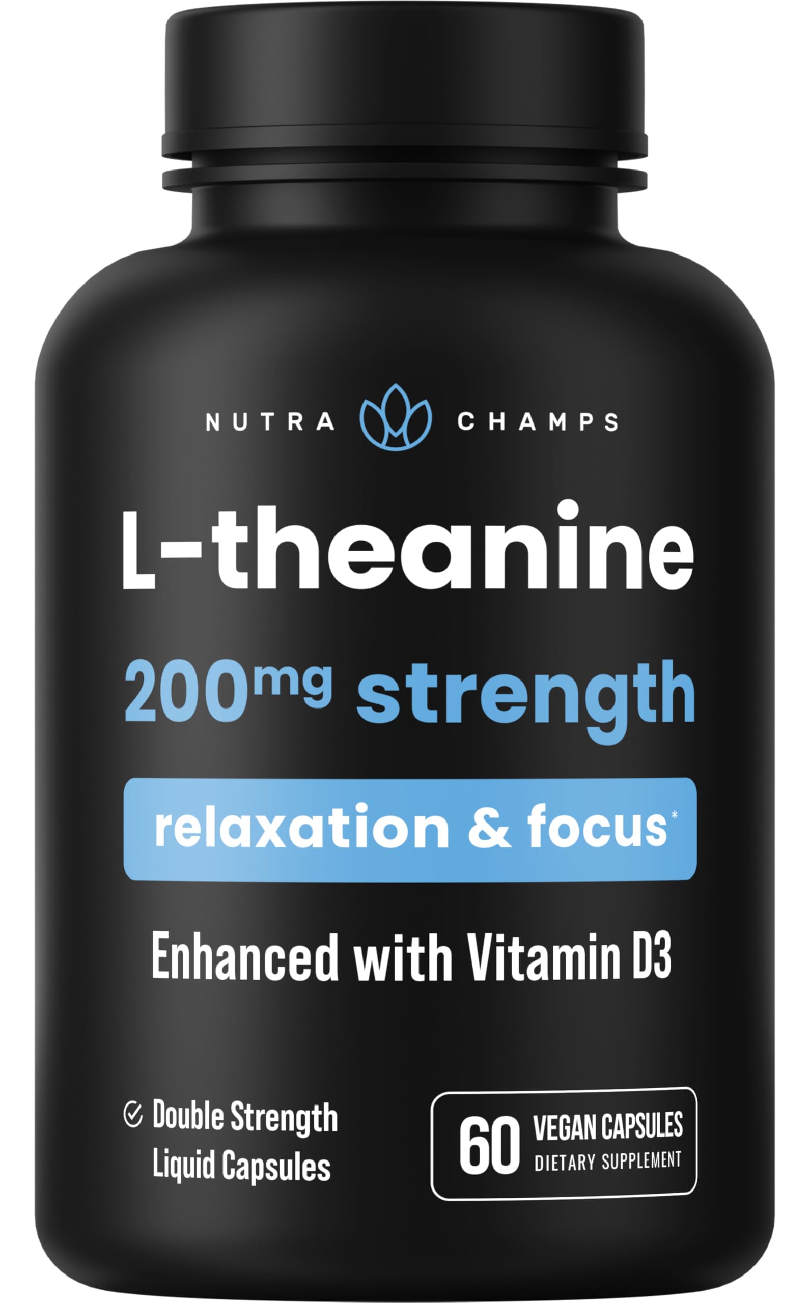 NutraChamps L-Theanine 200mg Capsules | Double-Strength L-Theanine Liquid with Vitamin D3, Organic Coconut Oil | Supports Mood, Focus, Stress Relief | L-Theanine for Kids & Adults | 60 Vegan Capsules