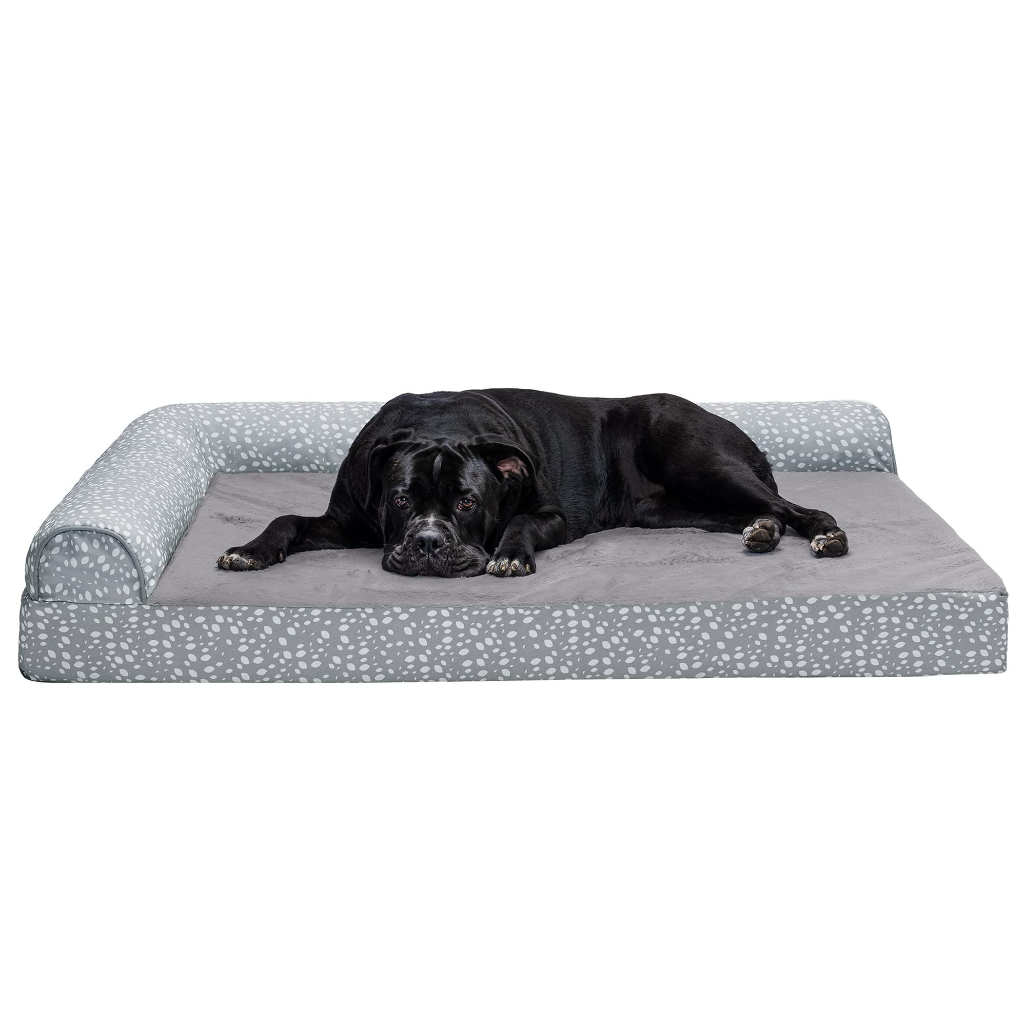 Furhaven Plush & Almond Print L Shaped Chaise Solid Slab Orthopedic Foam Dog Bed - Gray Almonds, Jumbo Plus (XX-Large)