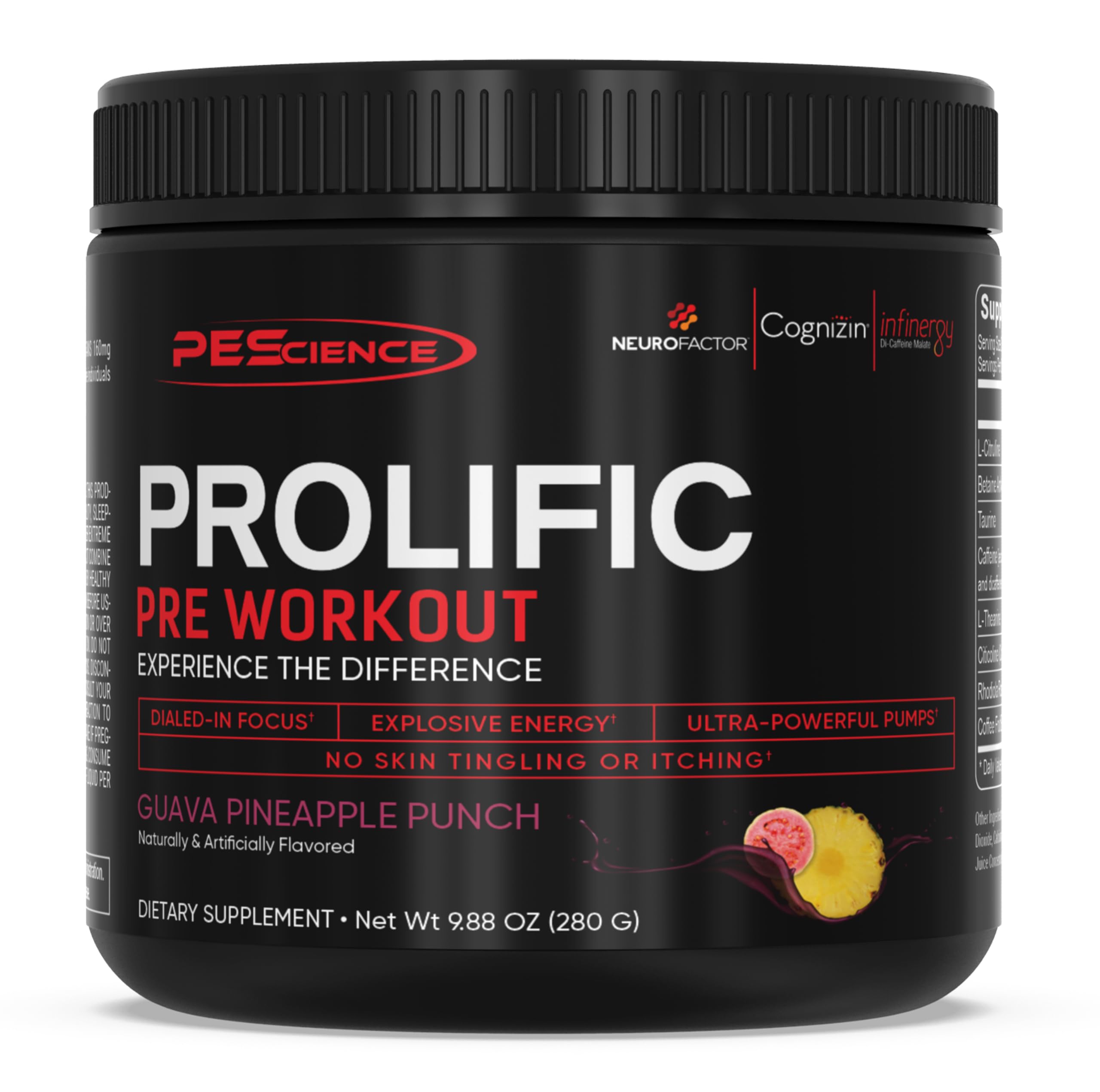 PEScience Prolific Pre Workout Powder, Guava Pineapple Punch, 40 Scoop, Energy Supplement with Nitric Oxide