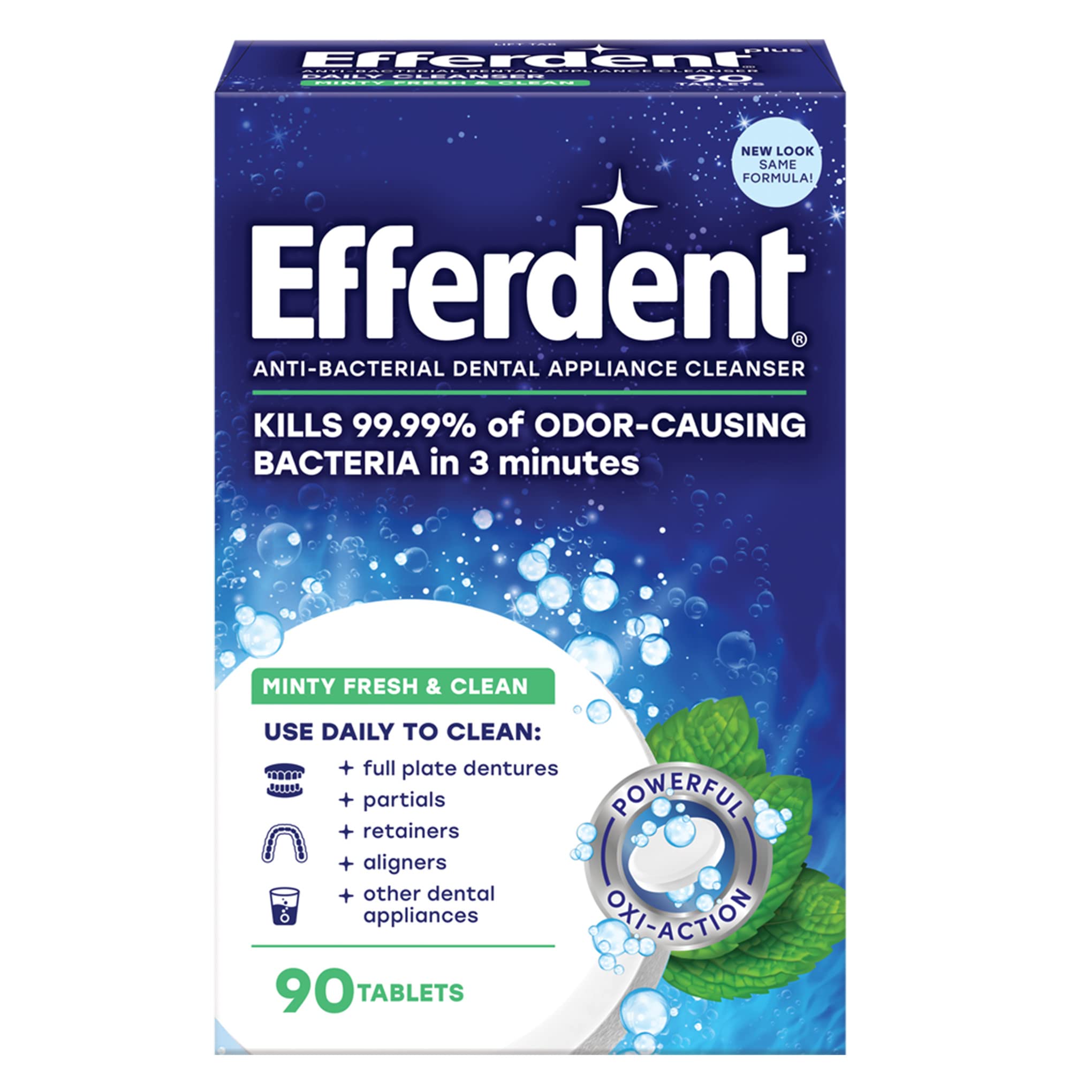 EfferdentPlus Mint Anti-Bacterial Denture Cleanser | 90 Tablets | Actively Cleans Between Dentures | Packaging May Vary