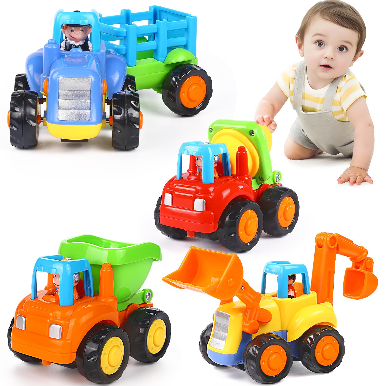 Inertia Toy Early Educational Toddler Baby Toy Friction Powered Cars Push and Go Cars Tractor Bulldozer Dumper Cement Mixer Engineering Vehicles Toys for Children Boys Girls Kids Gift 4PCS