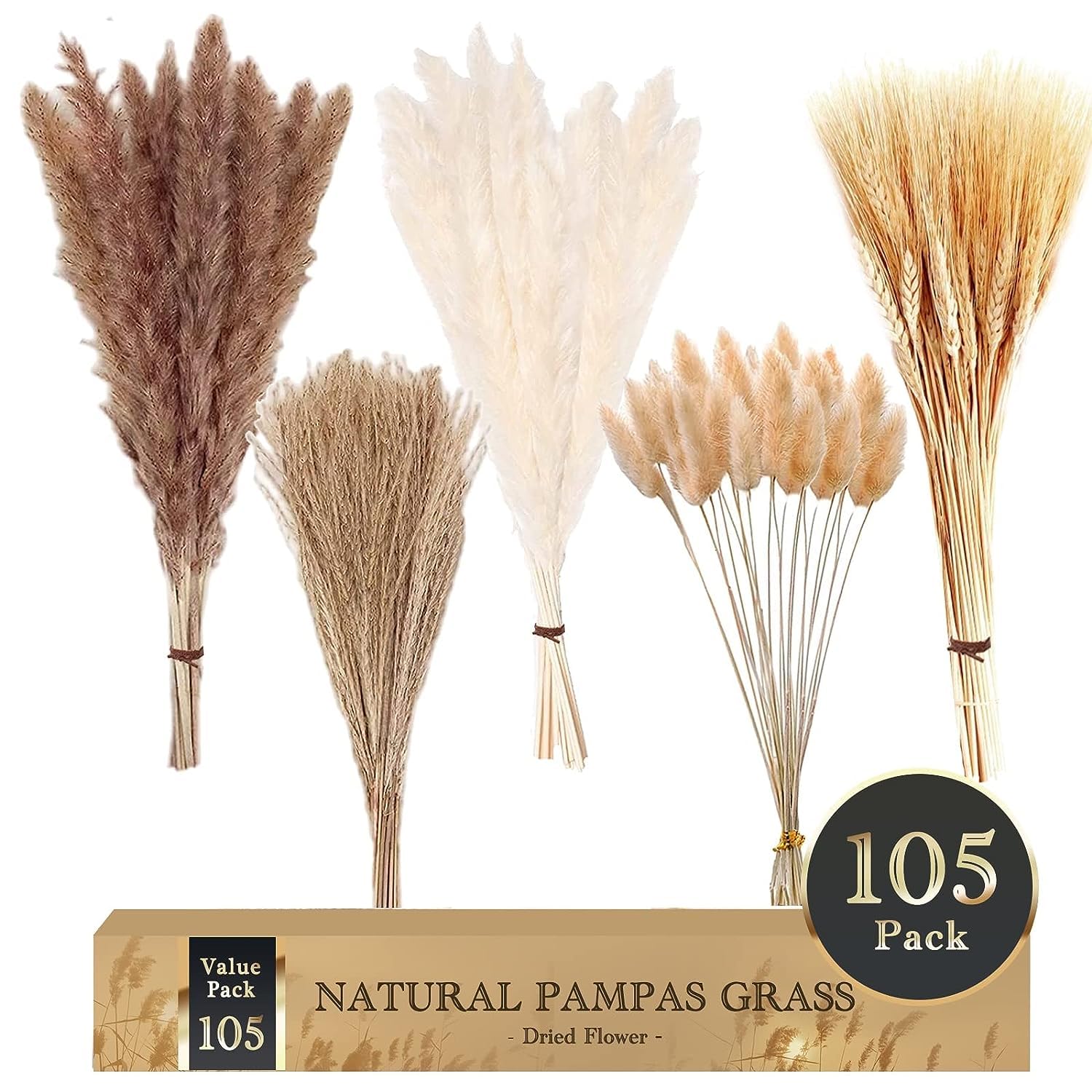 ALLBIZ 105Pcs Natural Pampas Grass Decor, 17in/45cm Dried Flowers for Decoration, Artificial Flower Bouquet for Home Boho Table Decor Accessories, Bohemian Decoration Items for Living Room, Wedding