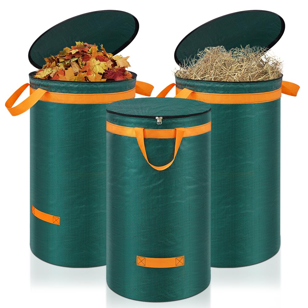 Eurhomewit3 Pcs Green Garden Waste Bags 120L, Garden Refuse Bags Heavy Duty with Handles and Lid, Large Garden Refuse Sacks Reusable for Garden Waste, Grass and Leaves