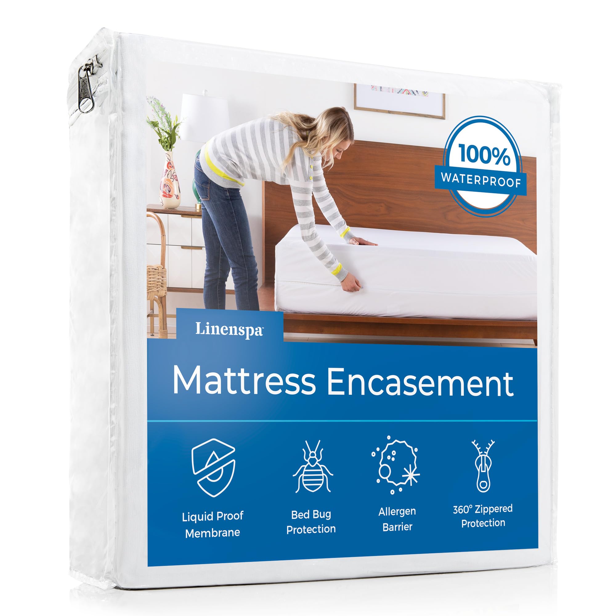 Linenspa Zippered Mattress Encasement - Waterproof & Bed Bug Proof - Premium Noiseless & Absorbent Cover – King, White