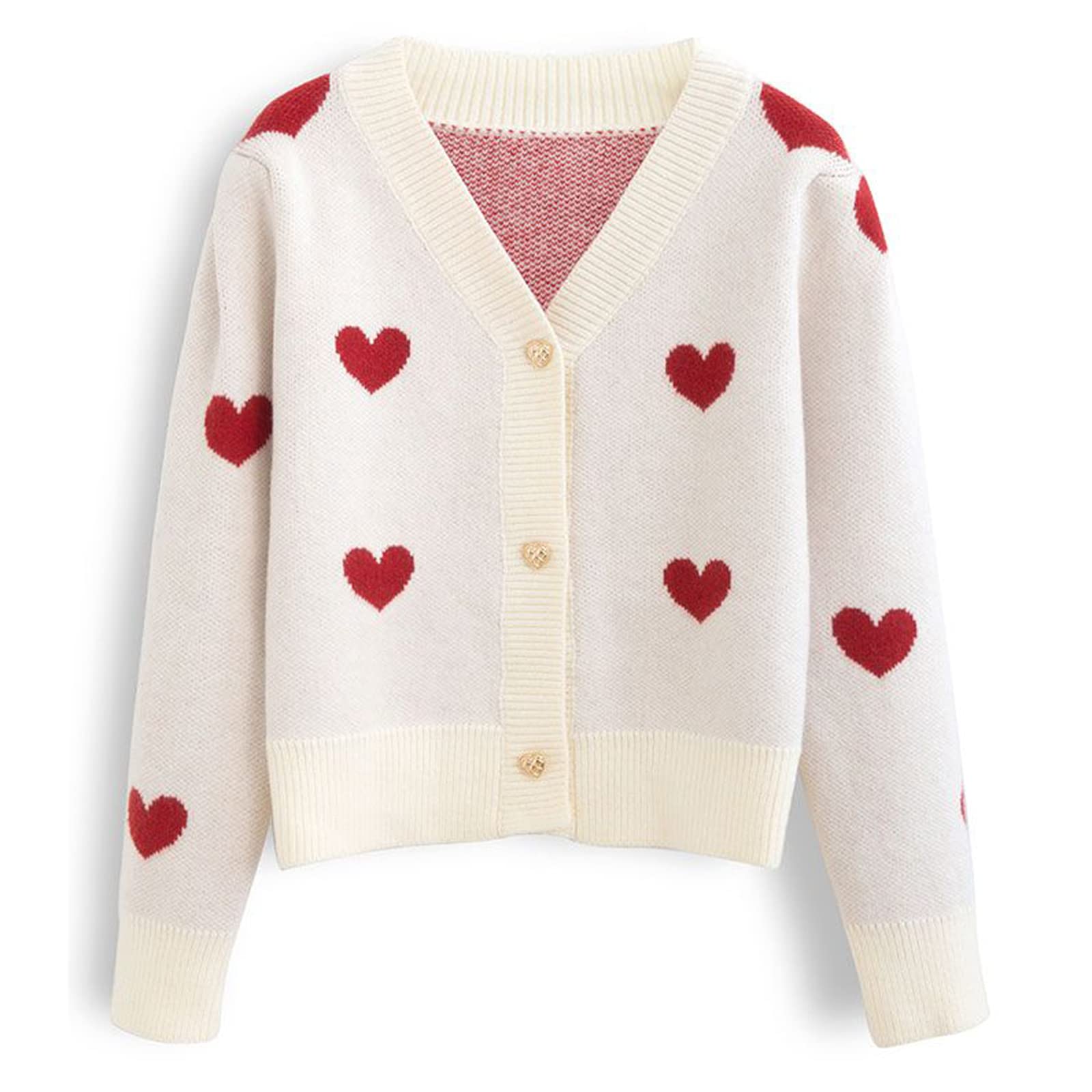 CHICWISHWomen's Red/Ivory Soft Heart Cropped Knit Cardigan