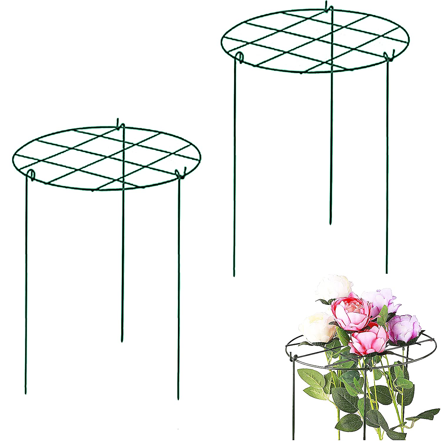 KKSTY Metal Plant Support Round Grow Through Grid, Pack of 2 Peony Cage Garden Brace Flower Support Rings for Peony, Dahlia, Agapanthus, Rudbeckia,Tomatos