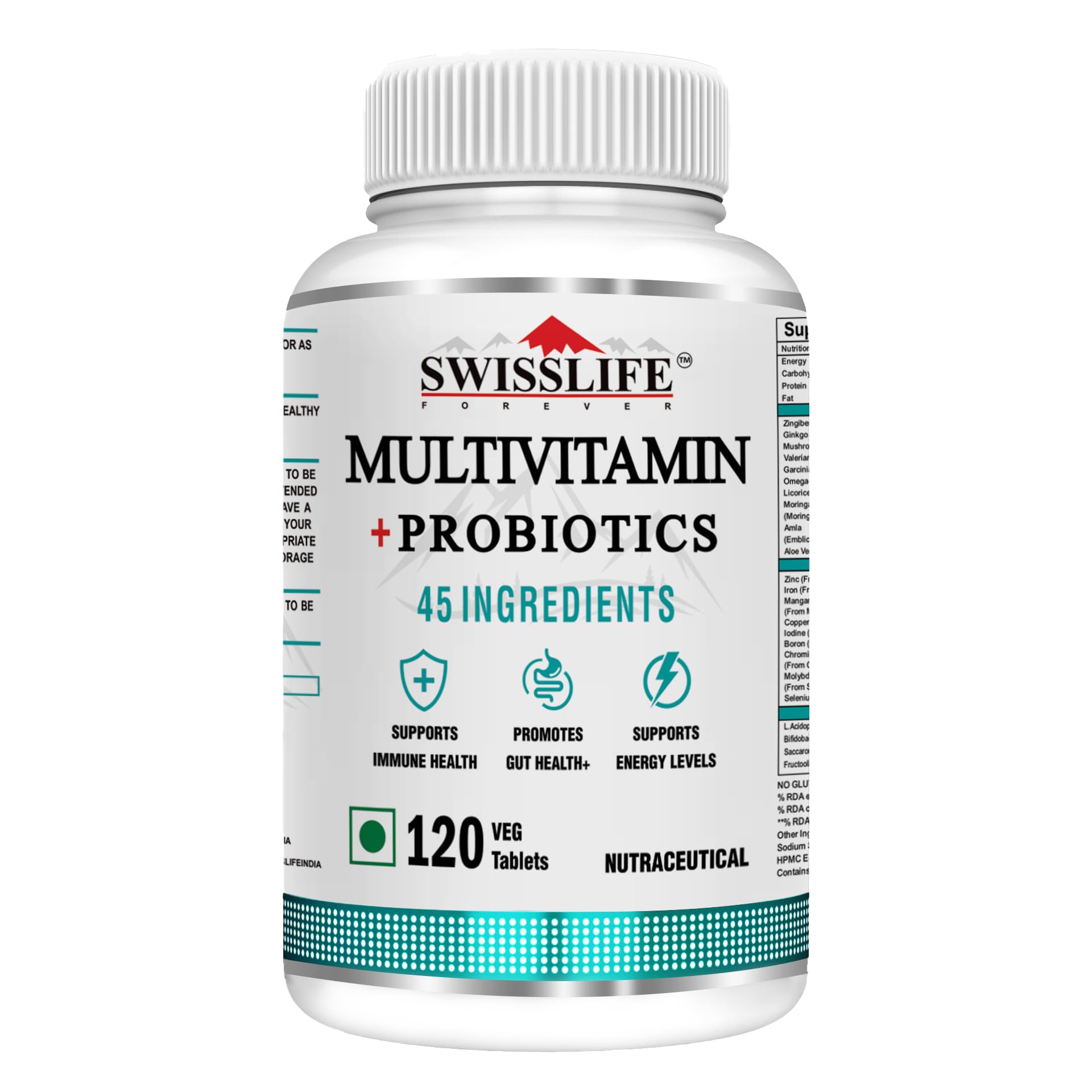 Swisslife Forever Multivitamin with Probiotics - 45 ingredients for men and women| Vit.A, B vitamins, C, D, E | Biotin, Zinc, Vitamins, Minerals and Giloy (120 Veg Tablets)