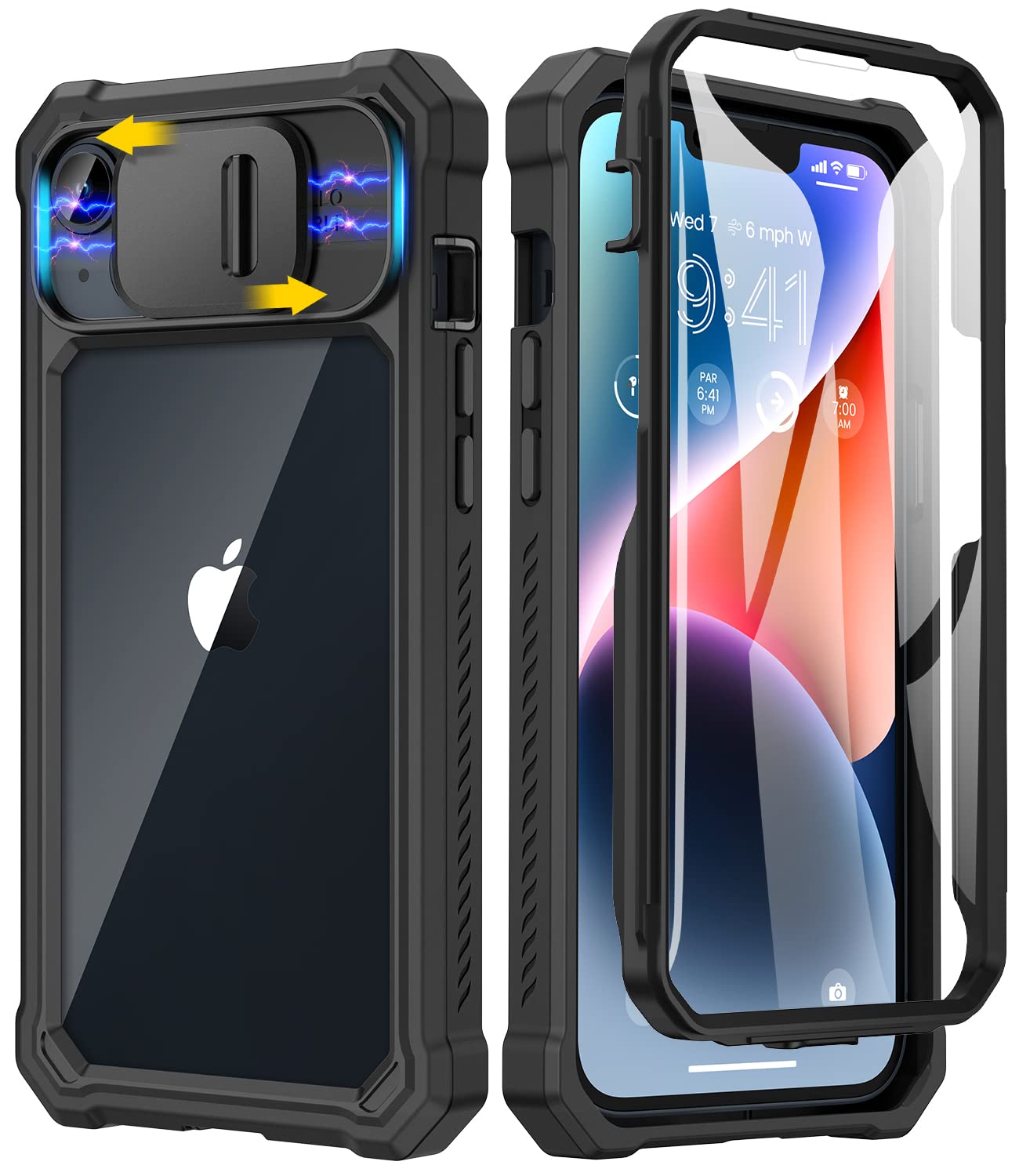 Cakafor iPhone 14 Case, iPhone 13 Case with Screen Protector & Slide Camera Cover Heavy Duty Shockproof Phone Case for iPhone 13 iPhone 14 6.1 inches, Black