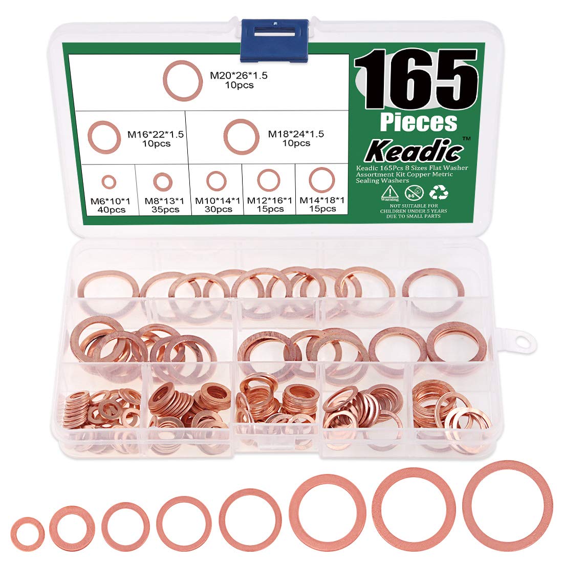 Keadic 165 Pcs Copper Washers Assorted（8 Sizes）,Flat Washers Kit,Sealing Ring Washers Set,Metric Plain Washers for Home Decoration Factories Repair Construction(M6 M8 M10 M12 M14 M16 M18 M20)