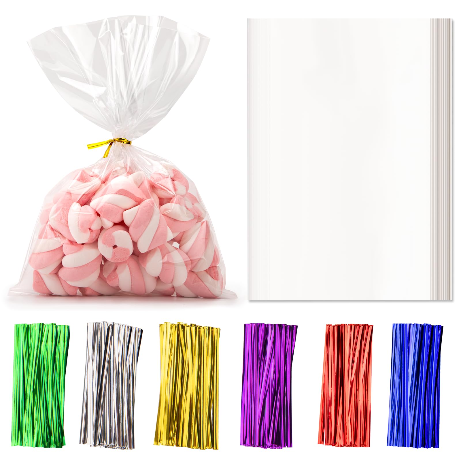 Aubeco120 pcs Cellophane Treat Bags, 6x9 Inches Clear Gift Bags, OPP Plastic Clear Goodie Bags with 120 Twist Ties, 2.5 Mils Thick Candy Bags for Party Favor, Gift Wrapping Packaging