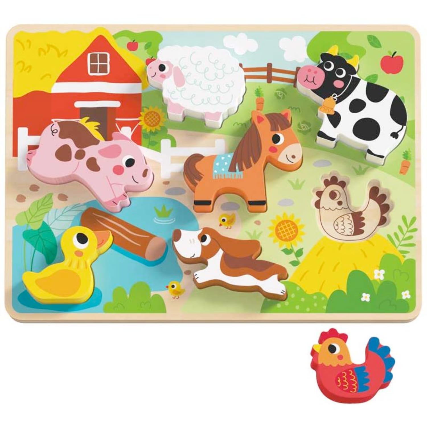 Farm Puzzle for Toddlers 1-3 - Farm Animals Chunky Puzzle Featuring Cow, Sheep, Pig and More - Colorful Farm Animals Wooden Puzzle Toy for Montessori Preschoool Learning