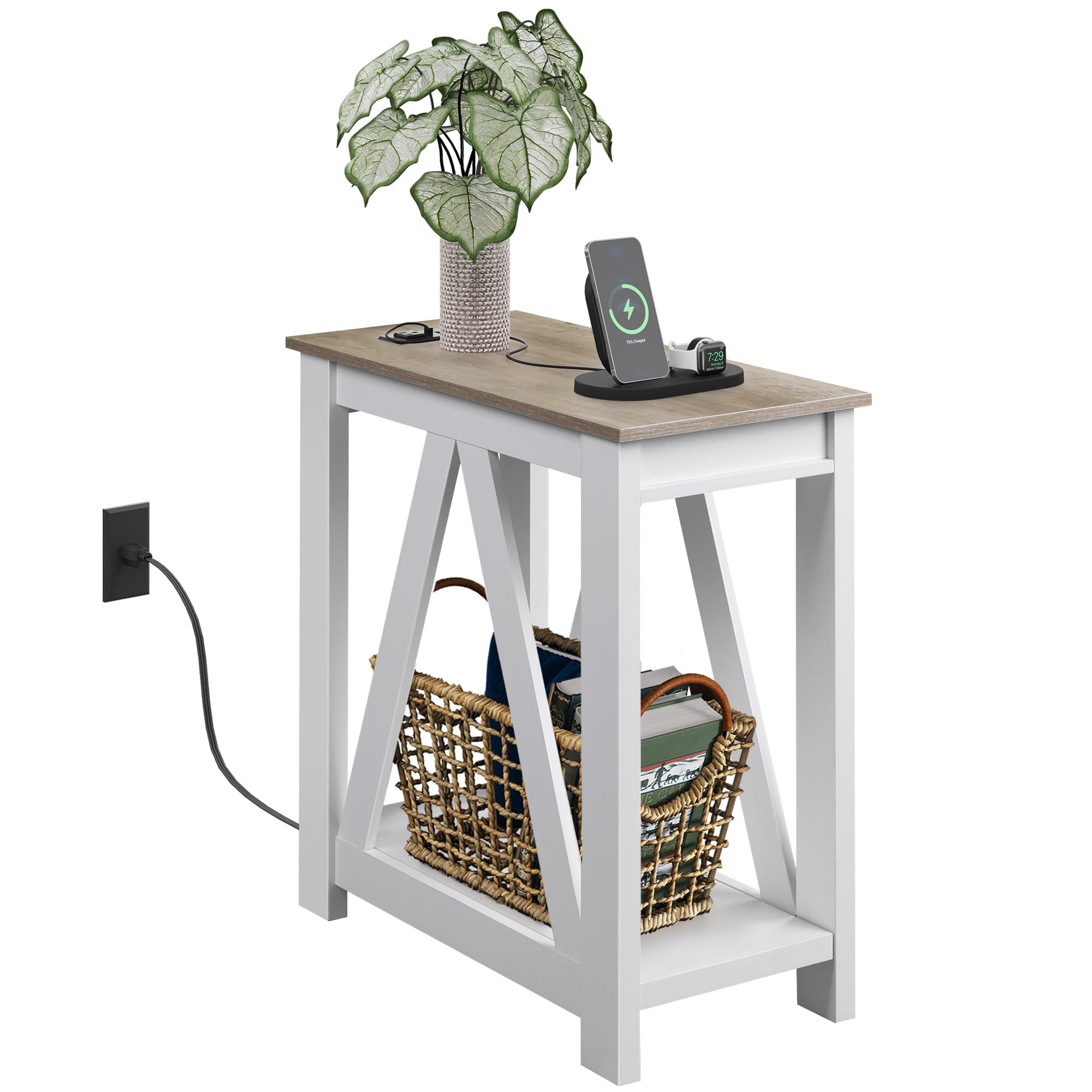 WLIVE Narrow End Table with Charging Station of Open Storage Shelf，Sofa Side Table with 2 USB and 2 Power Outlets，Slim Farmhouse End Table for Small Spaces，Bedroom，Living Room