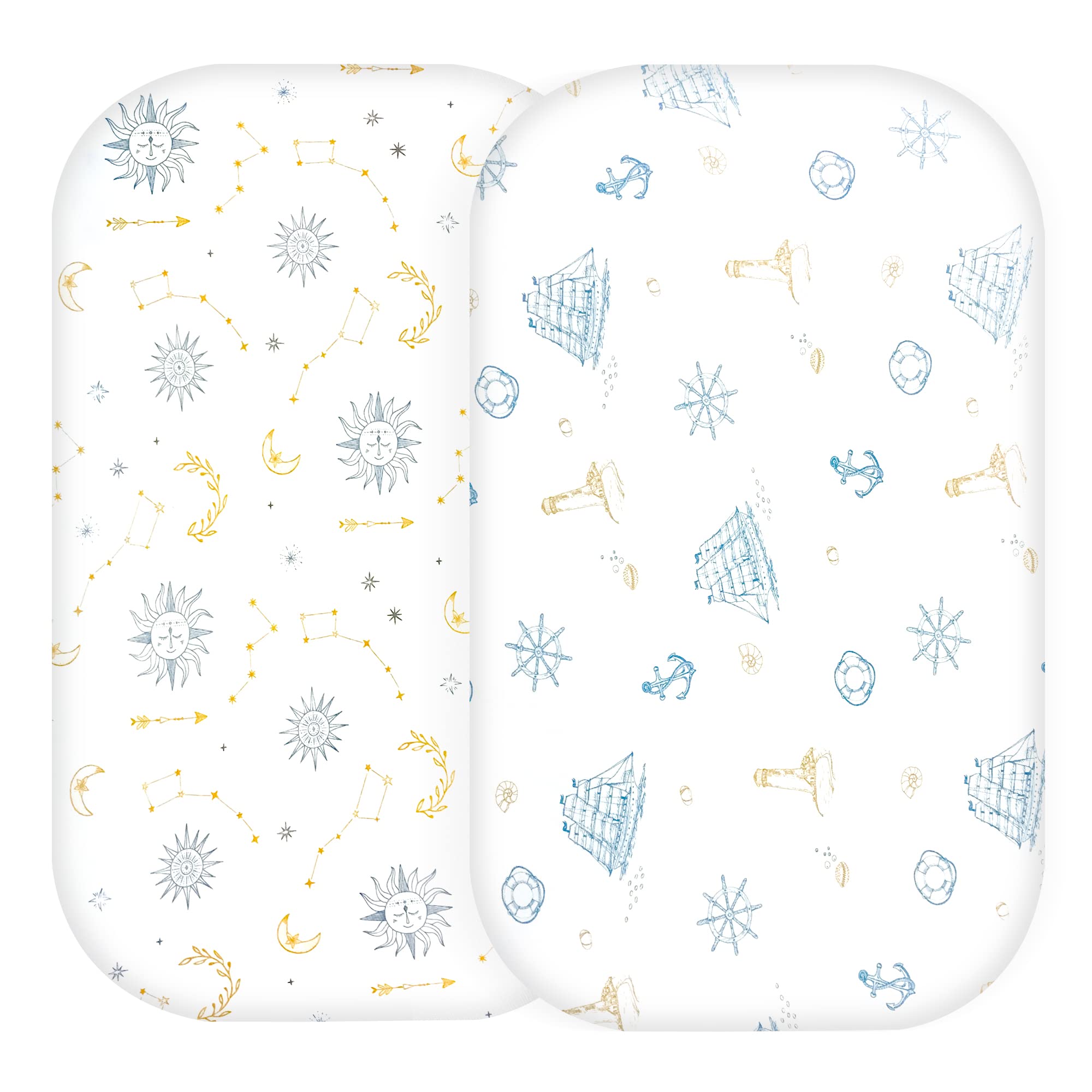 AMKEBassinet Fitted Sheet,2 Pack,Rectangle and Oval Baby Bassinet Fitted Sheets,100% Cotton Nursery Bedding,Fits AMKE Sleeper Crib Mattress (Nautical)