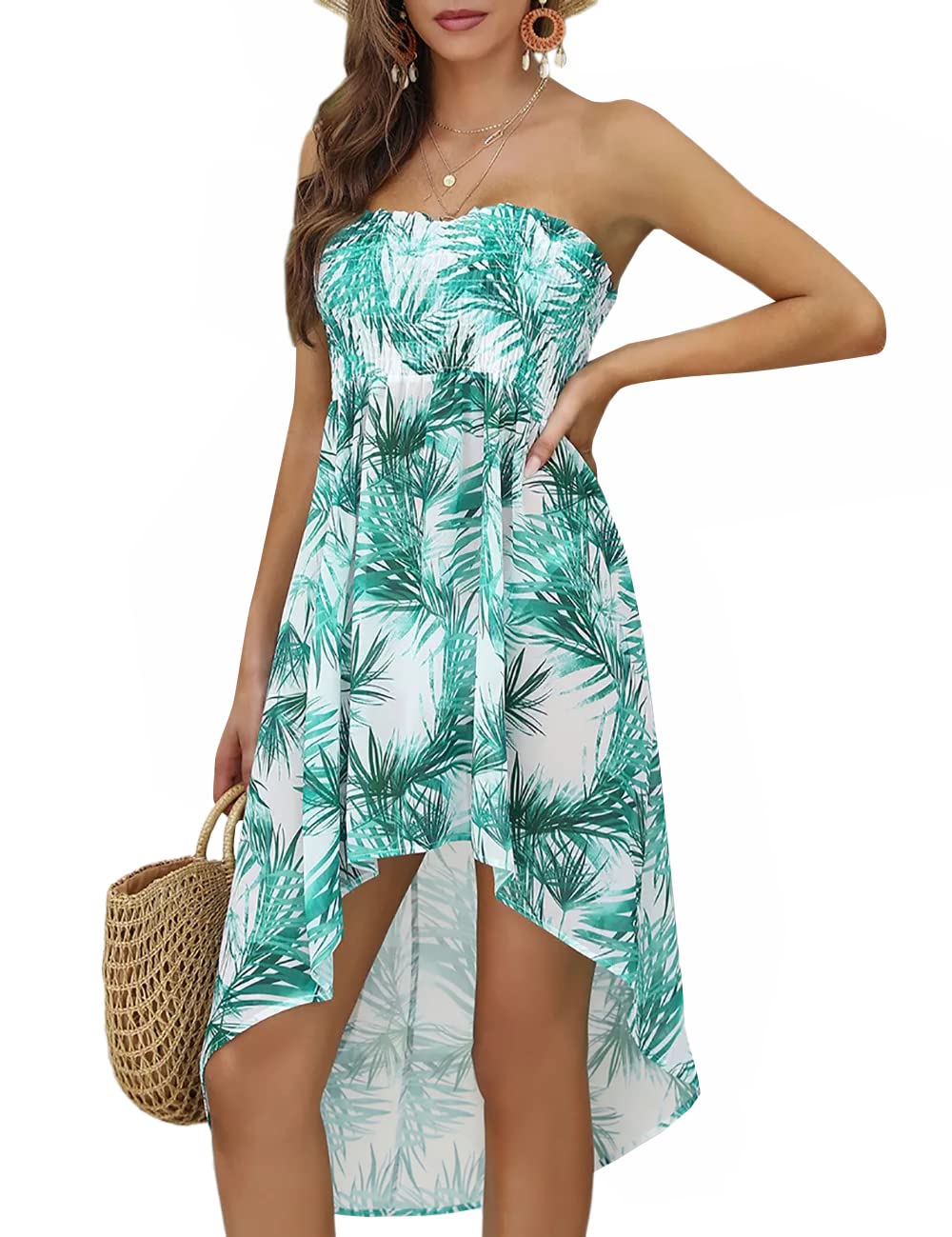 LradyWomens Chiffon Off Shoulder Summer Beach Swimwear Cover ups Sundress Print Strapless Dress