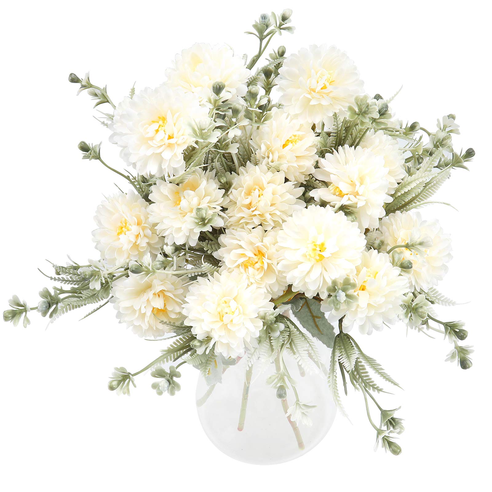 THE BLOOM TIMES 6 Bundles Silk Flowers Artificial for Decoration Fake Chrysanthemum Ball Bouquet Faux Hydrangea Arrangements for Home Wedding Table Centerpieces Indoor Decor in Bulk Wholesale (White)