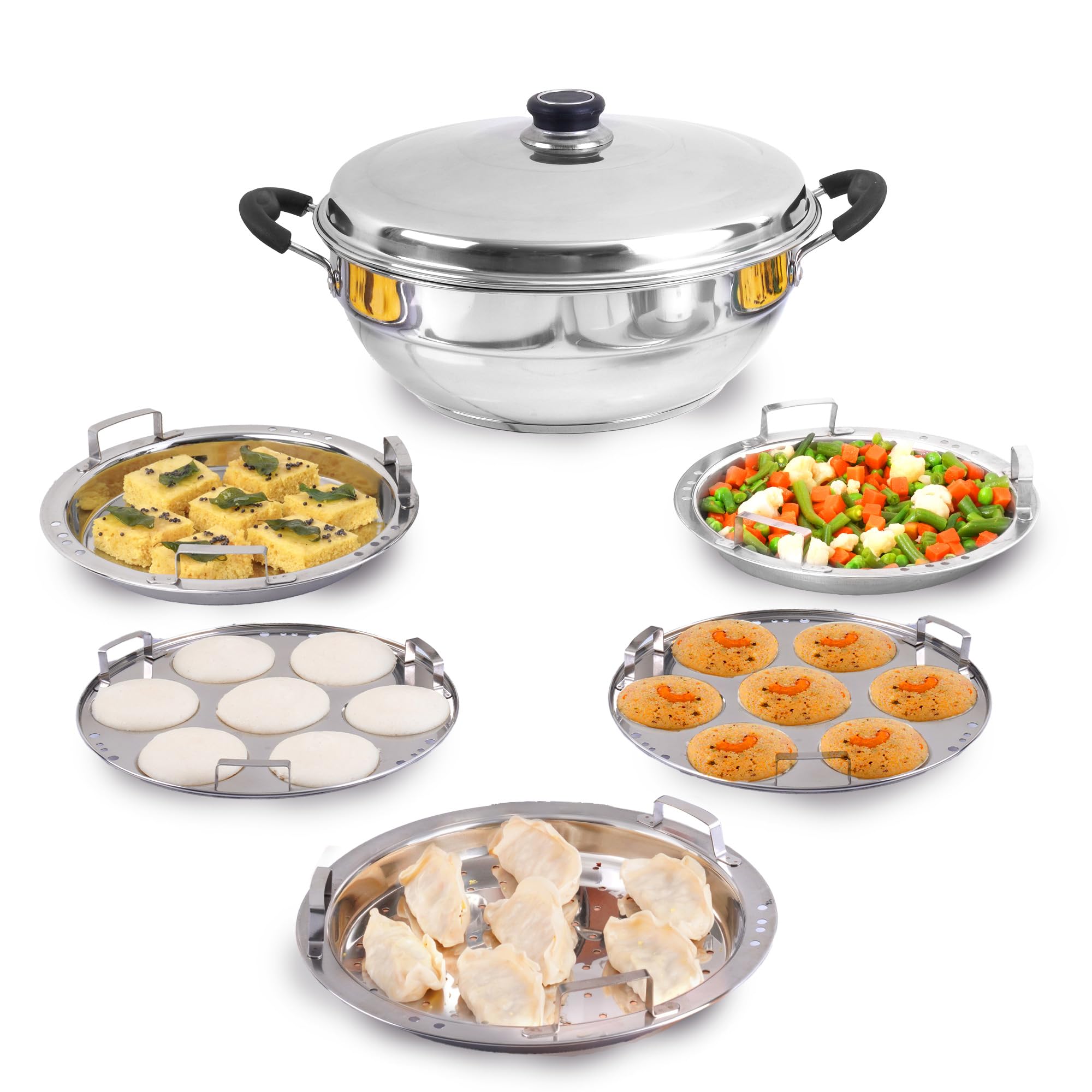 The Indus Valley Stainless Steel Idli Maker/Momo Maker/Multi Kadai/Steamer Set | Large, 5 Plates, 2 Idli | 2 Dhokla | 1 Steamer | 29cm/11.3 inch, 4.2Ltr, 2.5kg | 3-Layer Bottom | Induction friendly