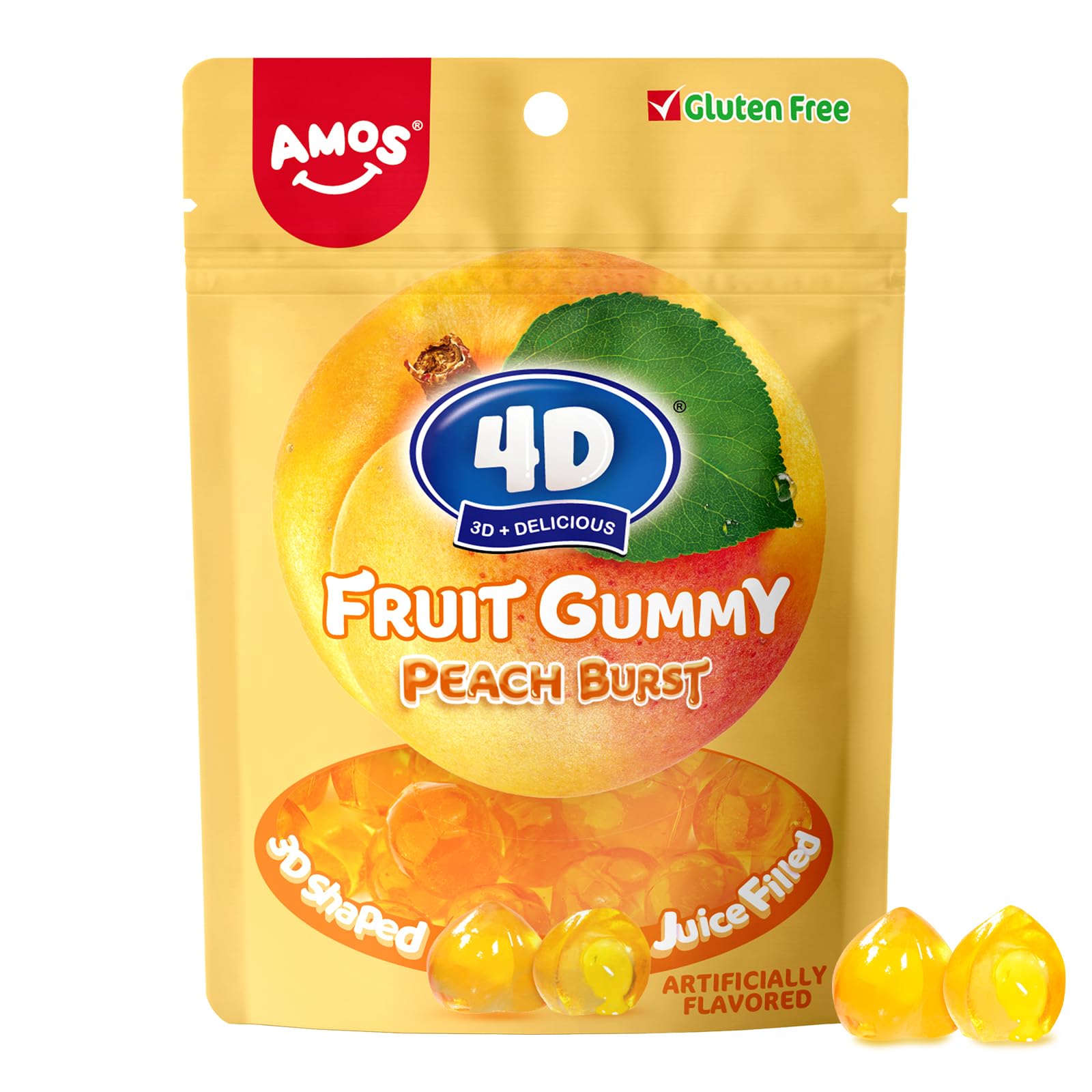 Amos 4D Gummy Candy Juice Burst, Yellow Peach Flavor Gluten Free Snacks, Resealable 2.29oz Pack, Pack of 6