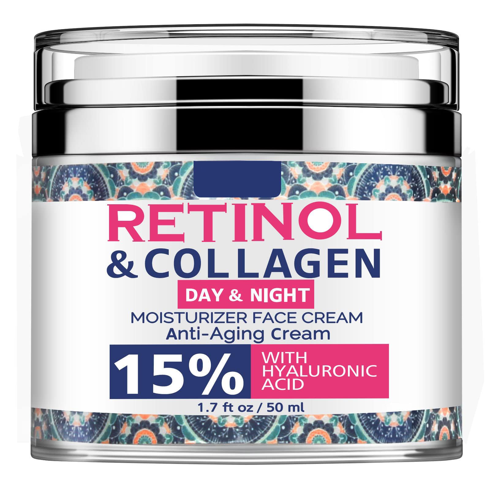 Retinol Cream for Face with Hyaluronic Acid - Collagen Face Moisturizer for Women and Men - Anti Aging Cream for Lifting Skin – For Wrinkles, Fine Lines and Dryness - All Skin Types