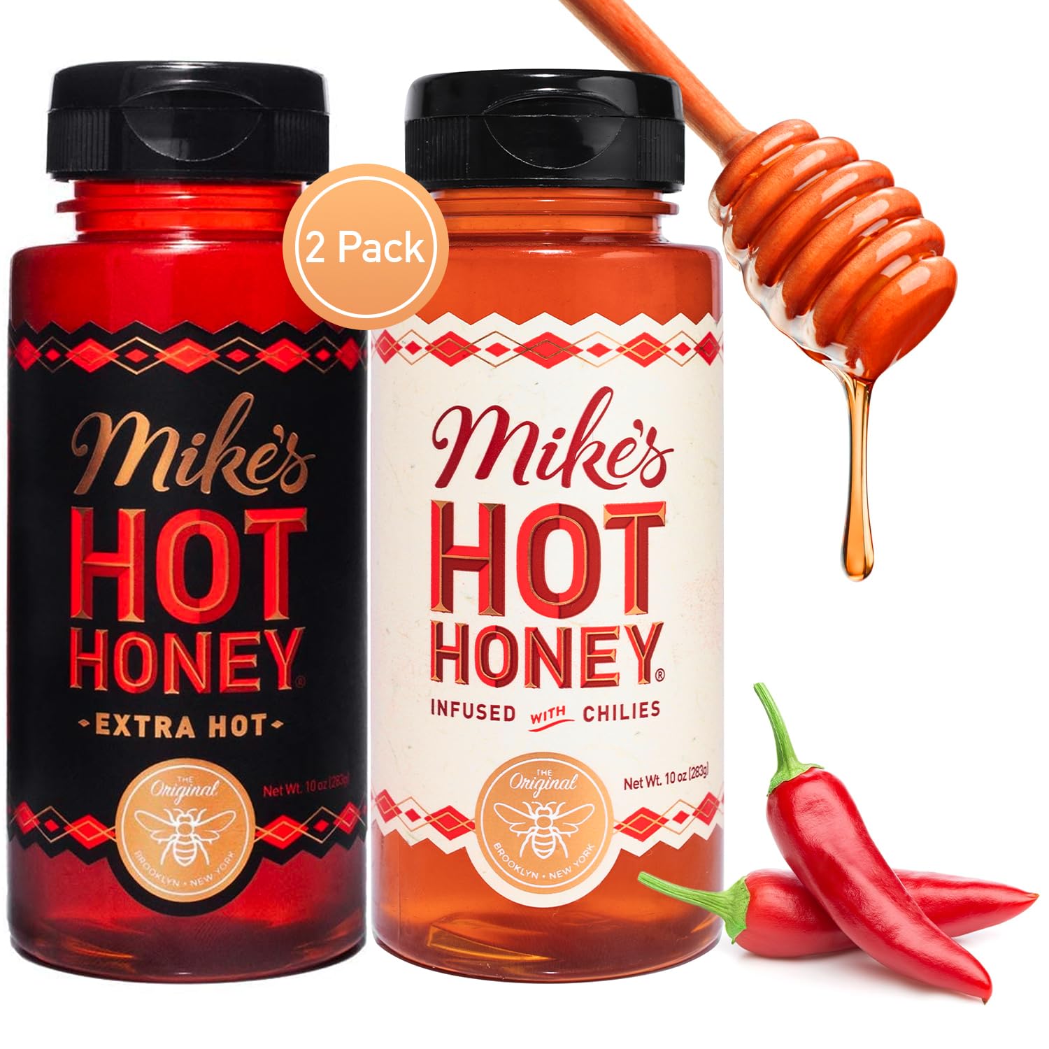 Mike's Hot Honey Original & Extra Hot Combo, America's #1 Brand of Hot Honey, Spicy Honey, All Natural 100% Pure Honey Infused with Chili Peppers, Gluten-Free, Paleo-Friendly (10oz Bottle, 2 Pack)