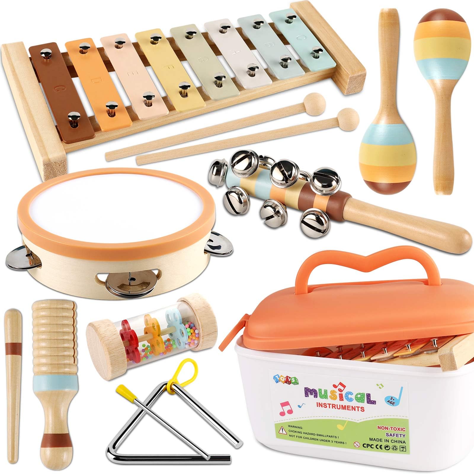 LOOIKOOS Baby Musical Instruments for Kids Montessori Music Toys for Toddlers 1-3,Neutral Colors Wooden Percussion Instruments Set with Modern Boho Xylophone for Kid Preschool Educational 3+