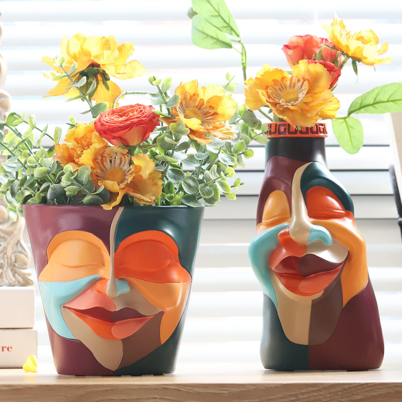 GUGUGOHand-Painted Colorful Face Planters Pots and Eclectic Head Flower Vase, Unique Cute Funky Quirky Home Decor-Rainbow Colors - Mainly Red & Green