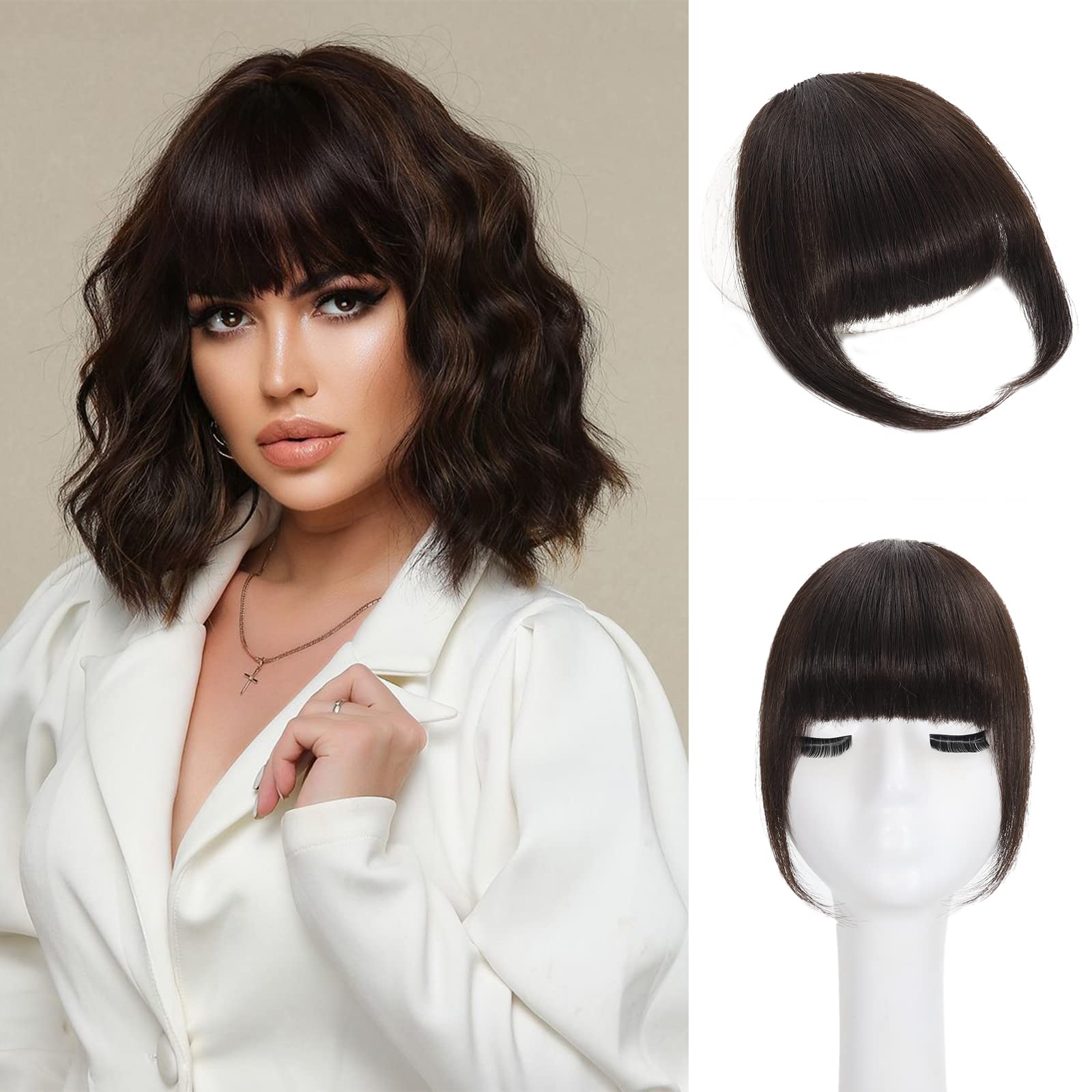 100% Real Human Hair Clip-In Bangs & Hair Extensions with Wispy Fringe-A Dark Brown