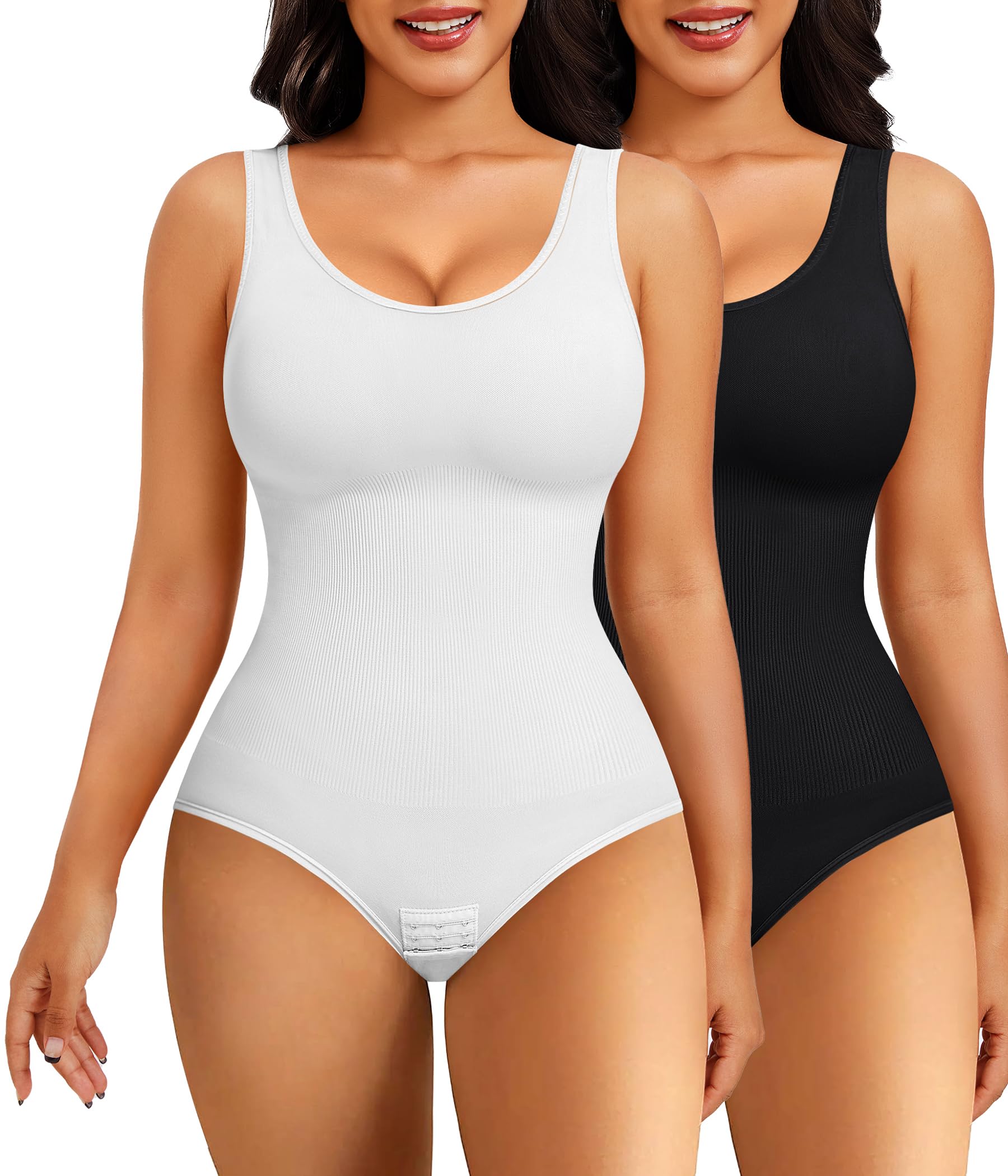 Nebility2 Piece Shapewear Bodysuit for Women Tummy Control Slim Fit Sleeveless Round Neck Body Suit